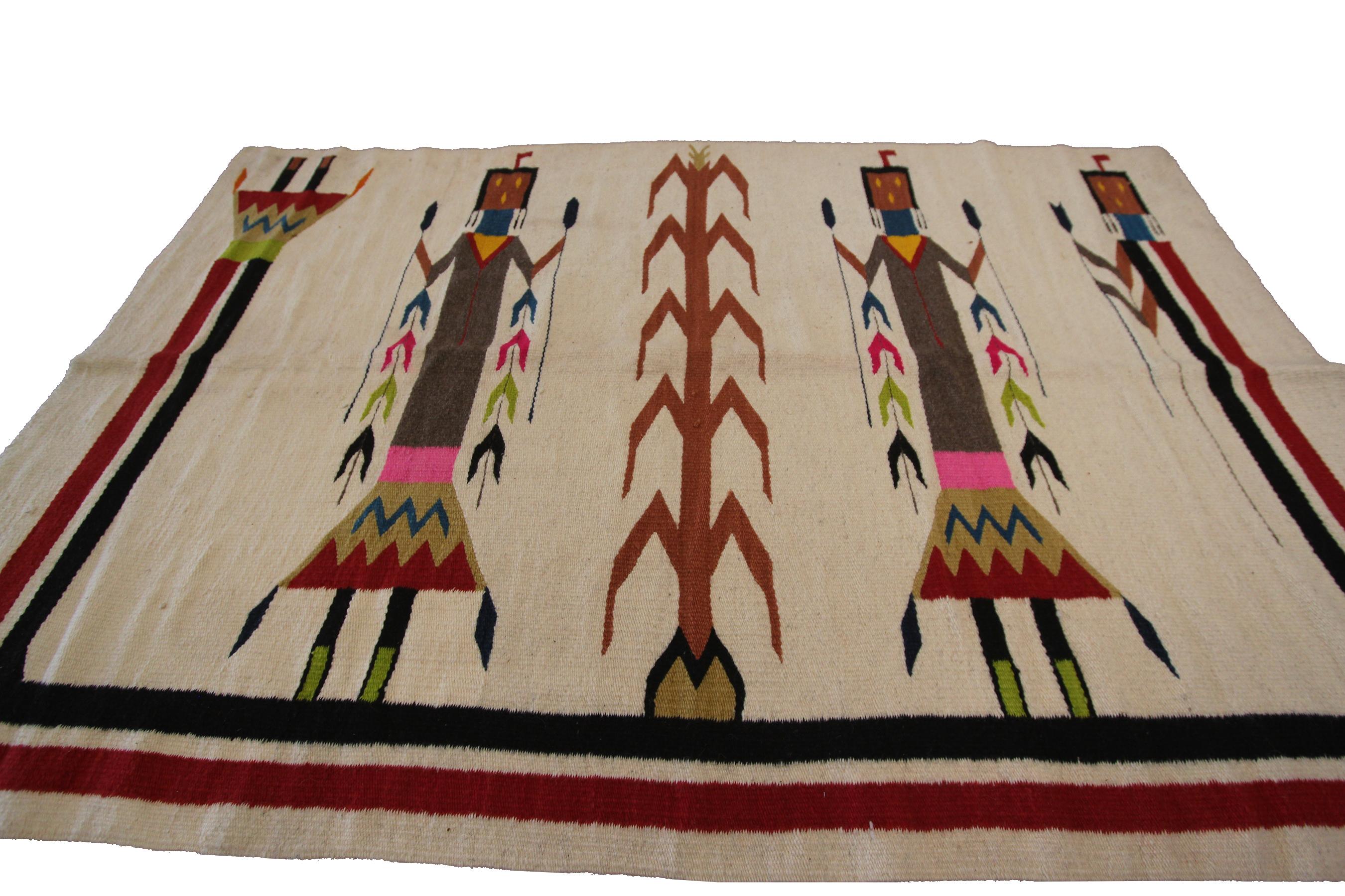 Antique Navajo Rug Yei Navajo Rare Human Geometric Handmade Wool Ivory, 1940 For Sale 3