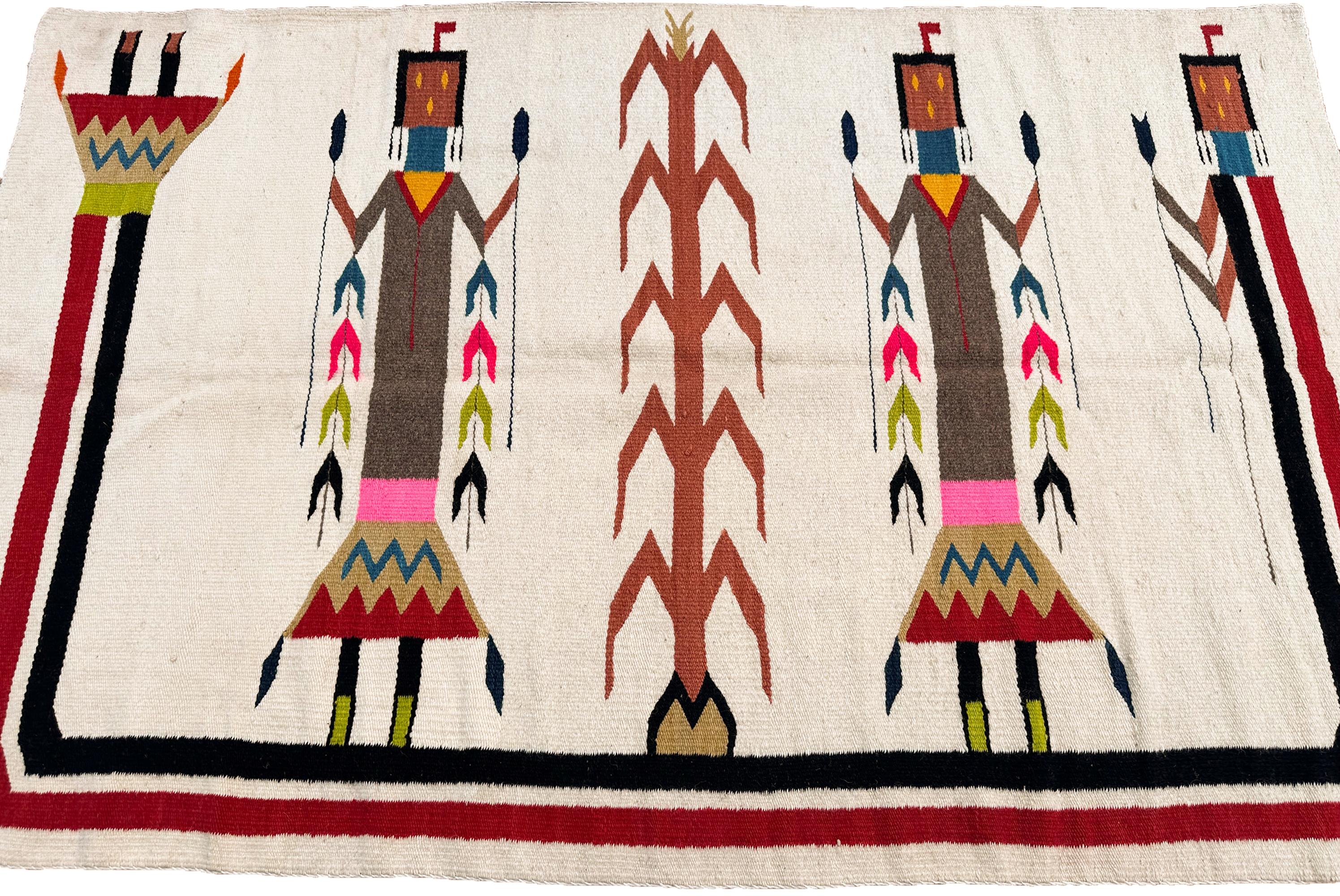 Alfombra Navajo Antigua Yei Navajo Rara Geometría Humana Hecha a Mano Lana Marfil, 1940 en venta 8