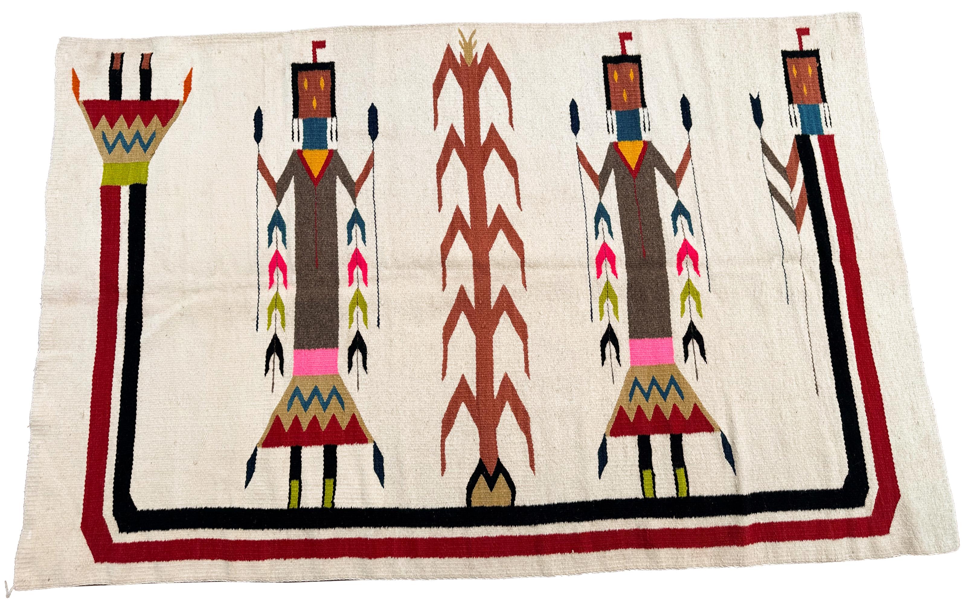 Alfombra Navajo Antigua Yei Navajo Rara Geometría Humana Hecha a Mano Lana Marfil, 1940 Norteamericano en venta