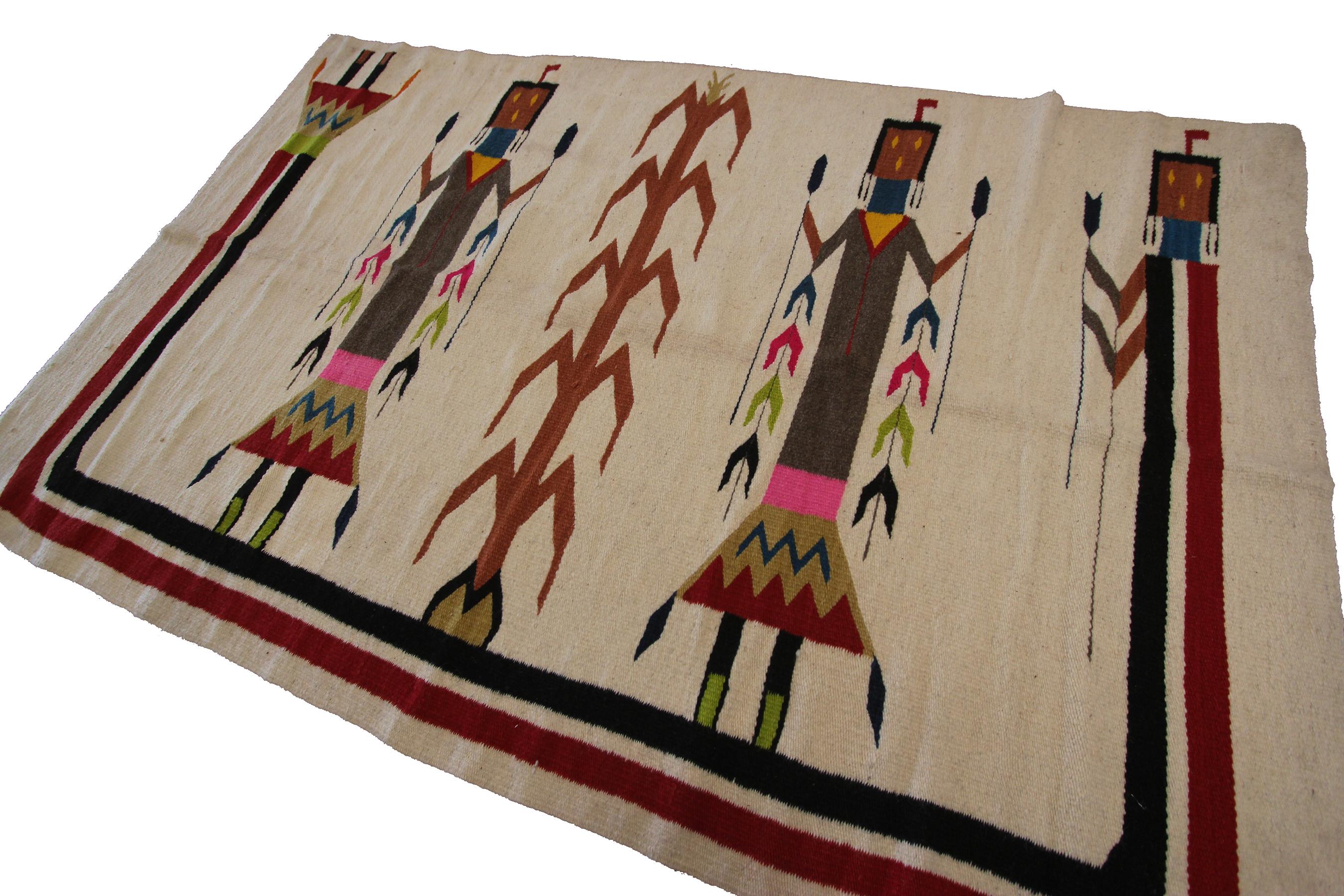 Antique Navajo Rug Yei Navajo Rare Human Geometric Handmade Wool Ivory