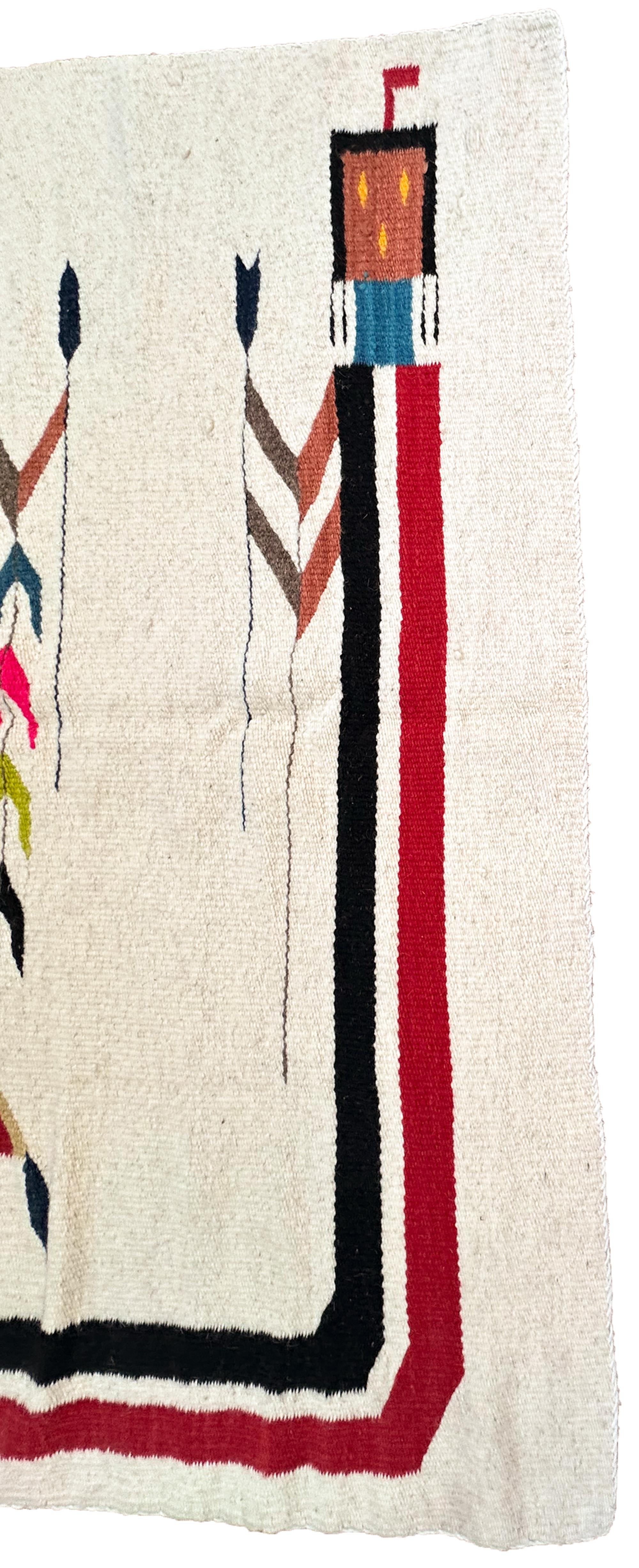Alfombra Navajo Antigua Yei Navajo Rara Geometría Humana Hecha a Mano Lana Marfil, 1940 Anudado a mano en venta