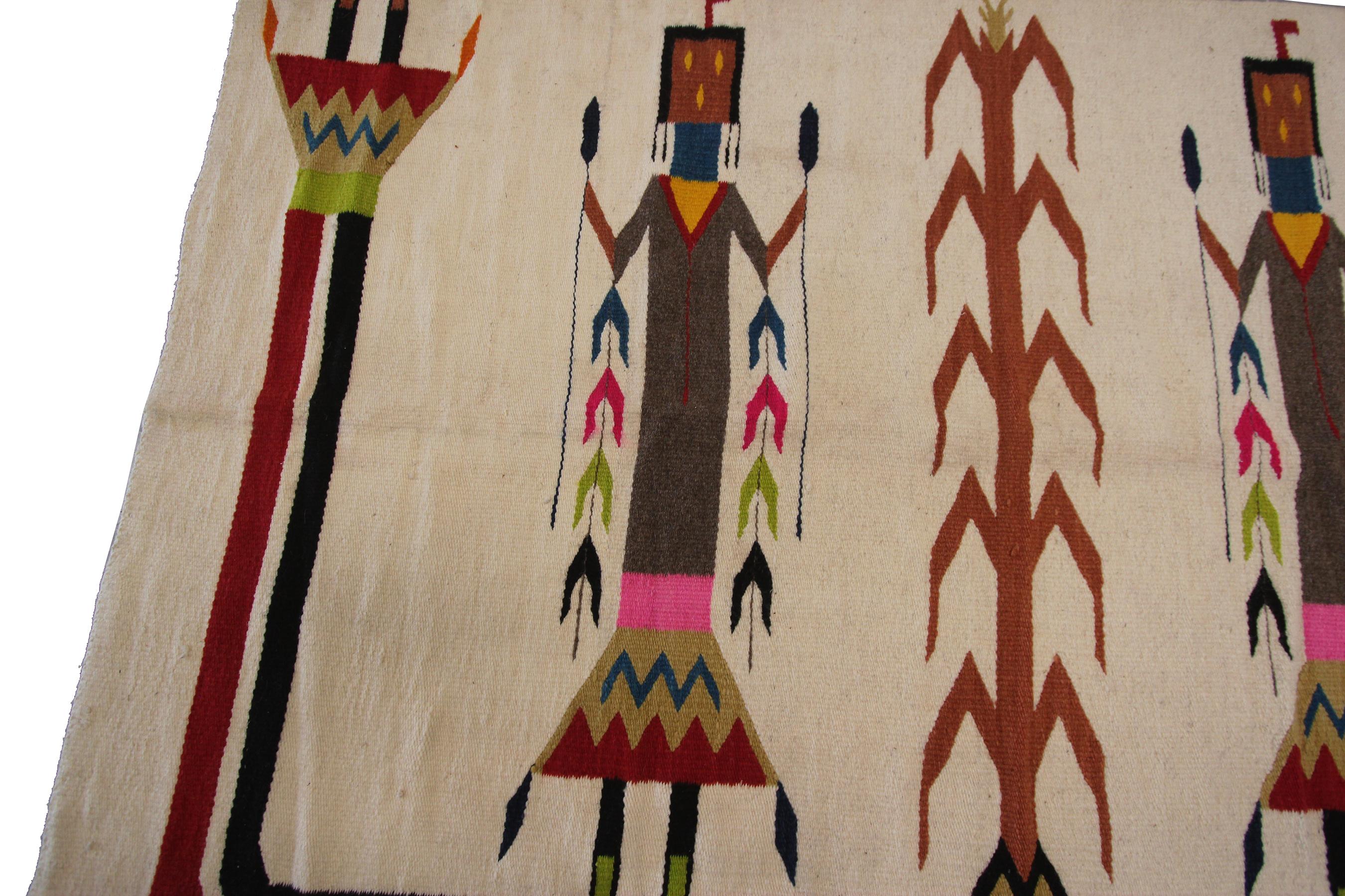 Antiker Navajo-Teppich Yei Navajo, seltener, geometrischer, handgefertigter Wollteppich in Elfenbein, 1940 (Mitte des 20. Jahrhunderts) im Angebot