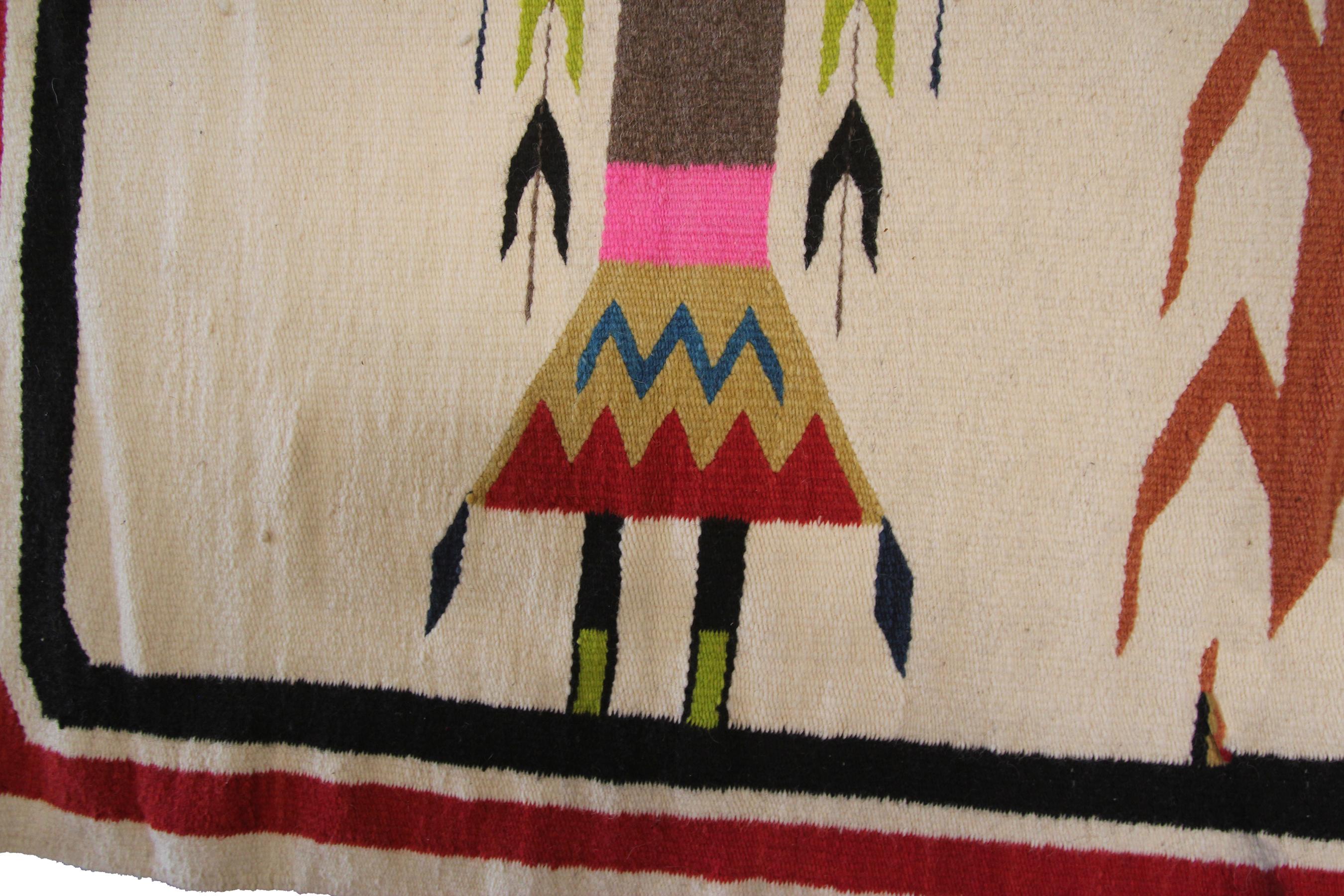 Hand-Knotted Antique Navajo Rug Yei Navajo Rare Human Geometric Handmade Wool Ivory, 1940 For Sale