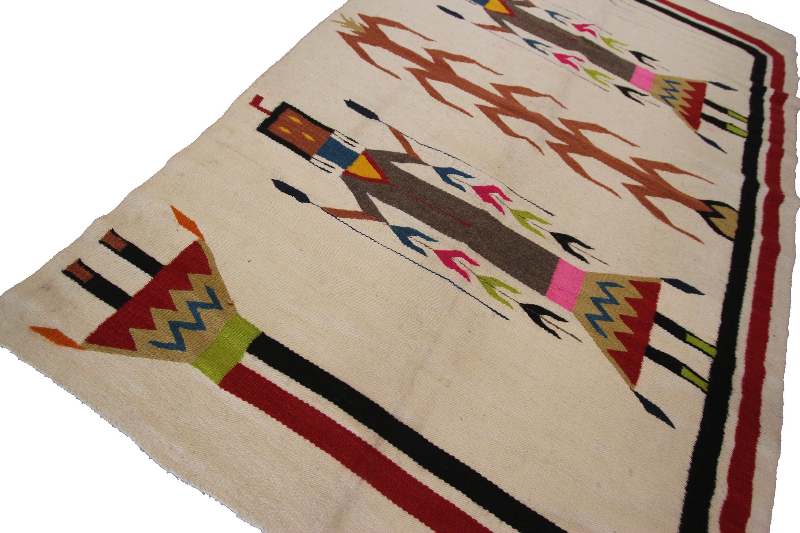 Antique Navajo Rug Yei Navajo Rare Human Geometric Handmade Wool Ivory, 1940 In Good Condition For Sale In New York, NY