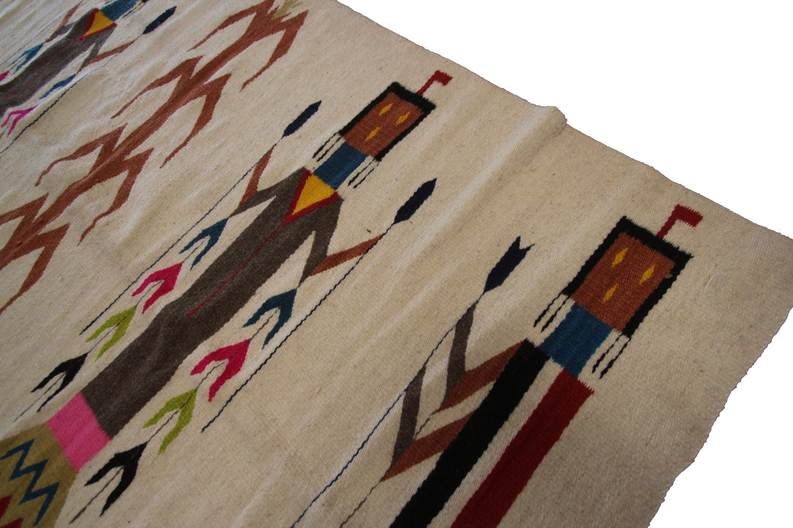 Mid-20th Century Antique Navajo Rug Yei Navajo Rare Human Geometric Handmade Wool Ivory, 1940 For Sale