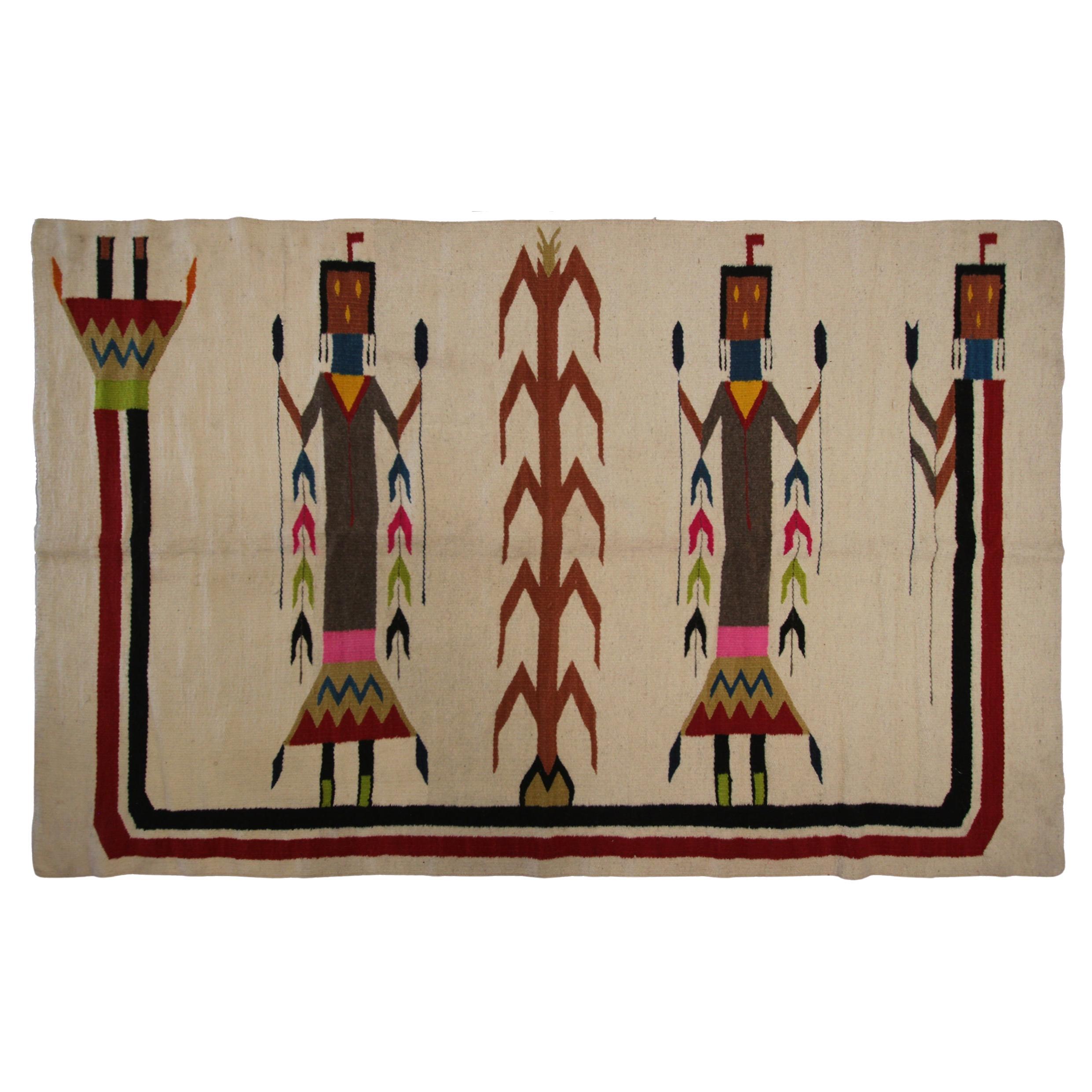 Antique Navajo Rug Yei Navajo Rare Human Geometric Handmade Wool Ivory, 1940