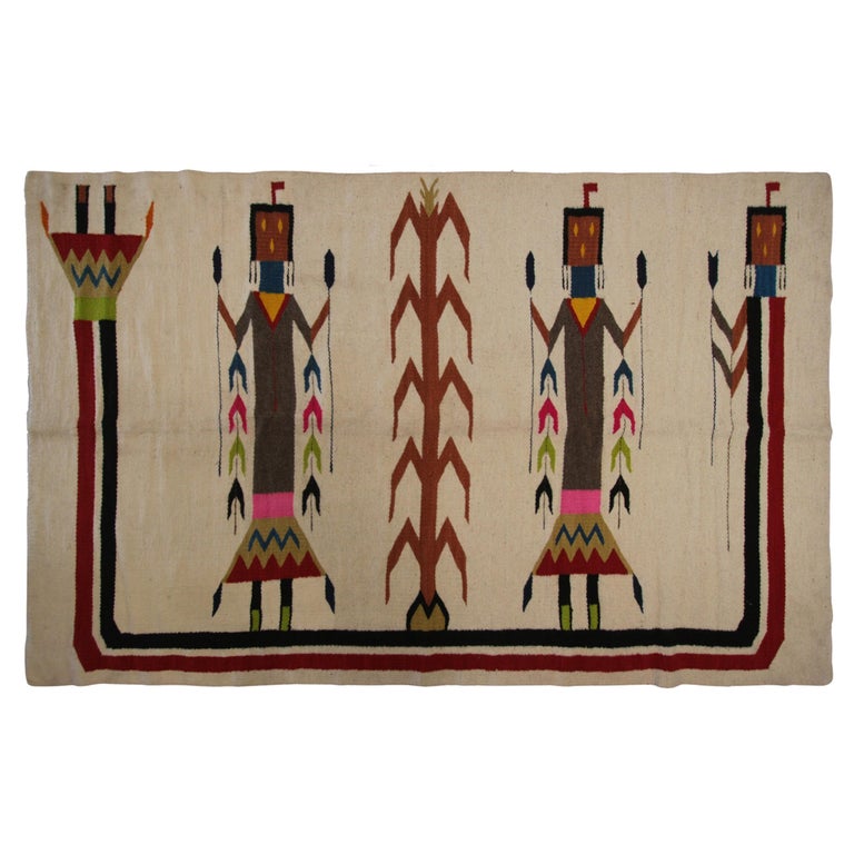 Antique Navajo Rug Yei Navajo Rare Human Geometric Handmade Wool Ivory