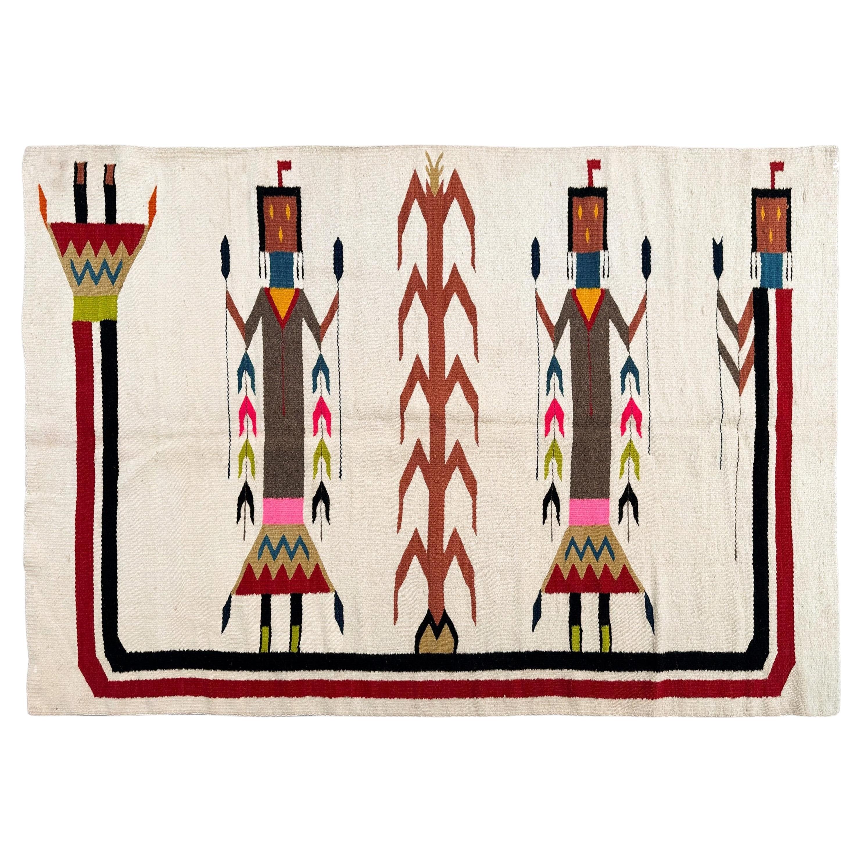 3x5 Antique Navajo Rug Yei Navajo Rare Human Geometric Handmade Wool Ivory, 1940