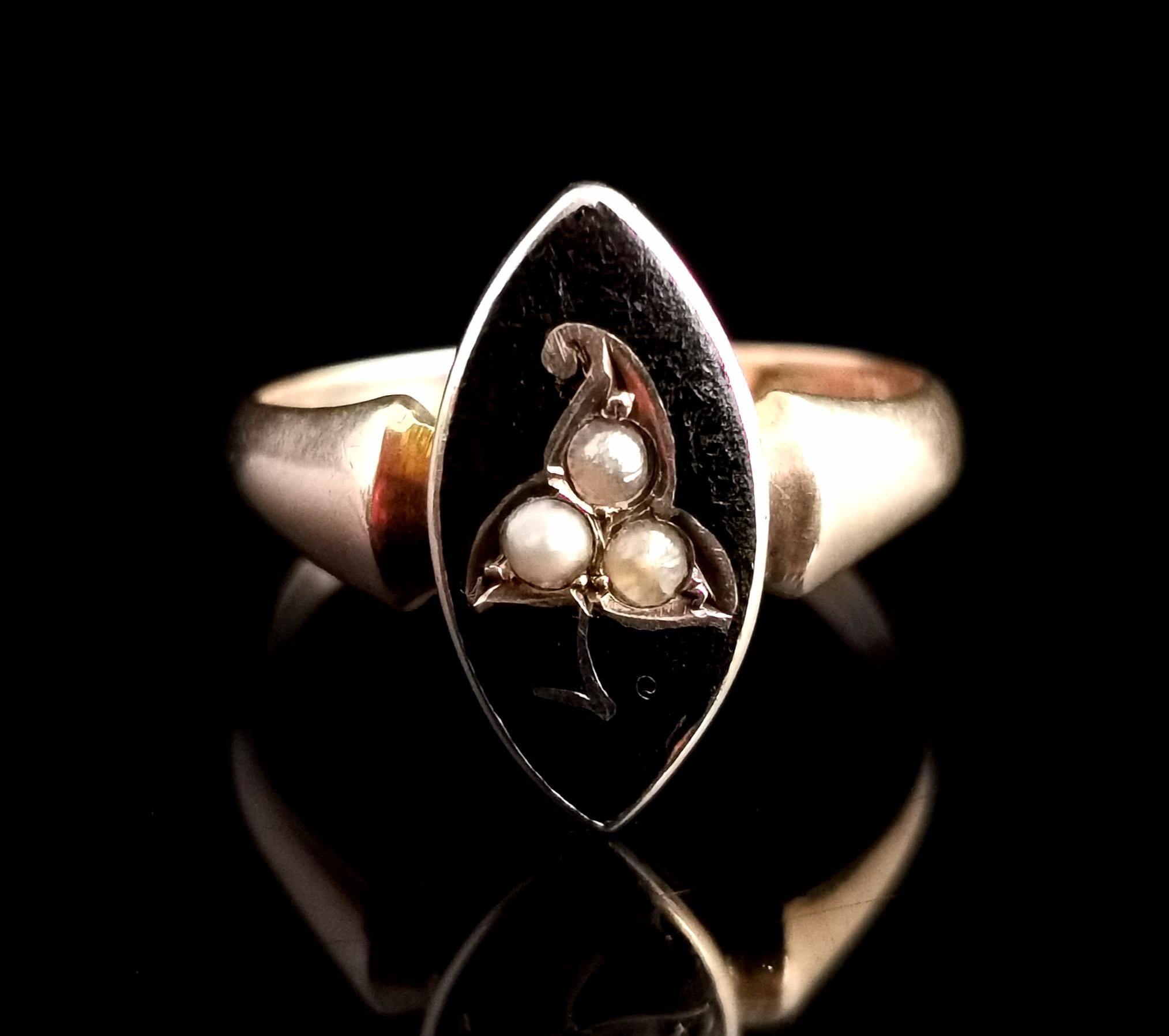 Art Deco Antique Navette Mourning Ring, Black Enamel and Pearl, Ivy Leaf, 9k Yellow Gold