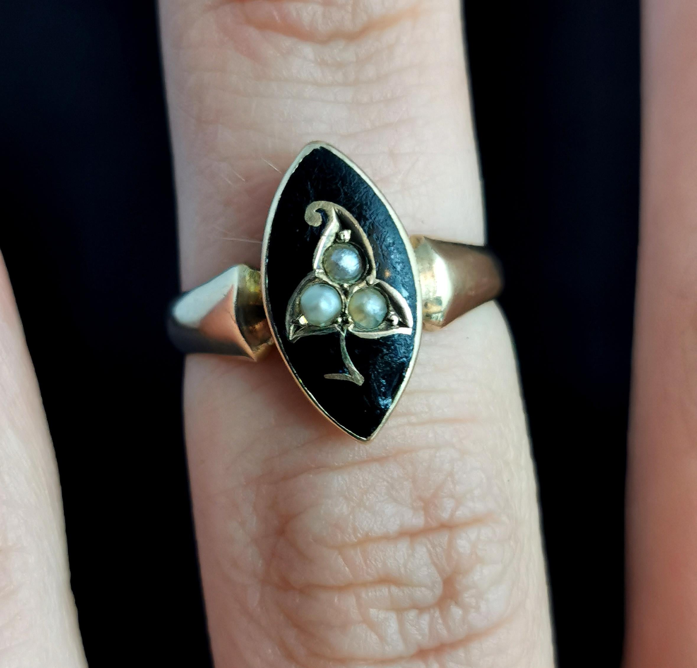 Women's or Men's Antique Navette Mourning Ring, Black Enamel and Pearl, Ivy Leaf, 9k Yellow Gold
