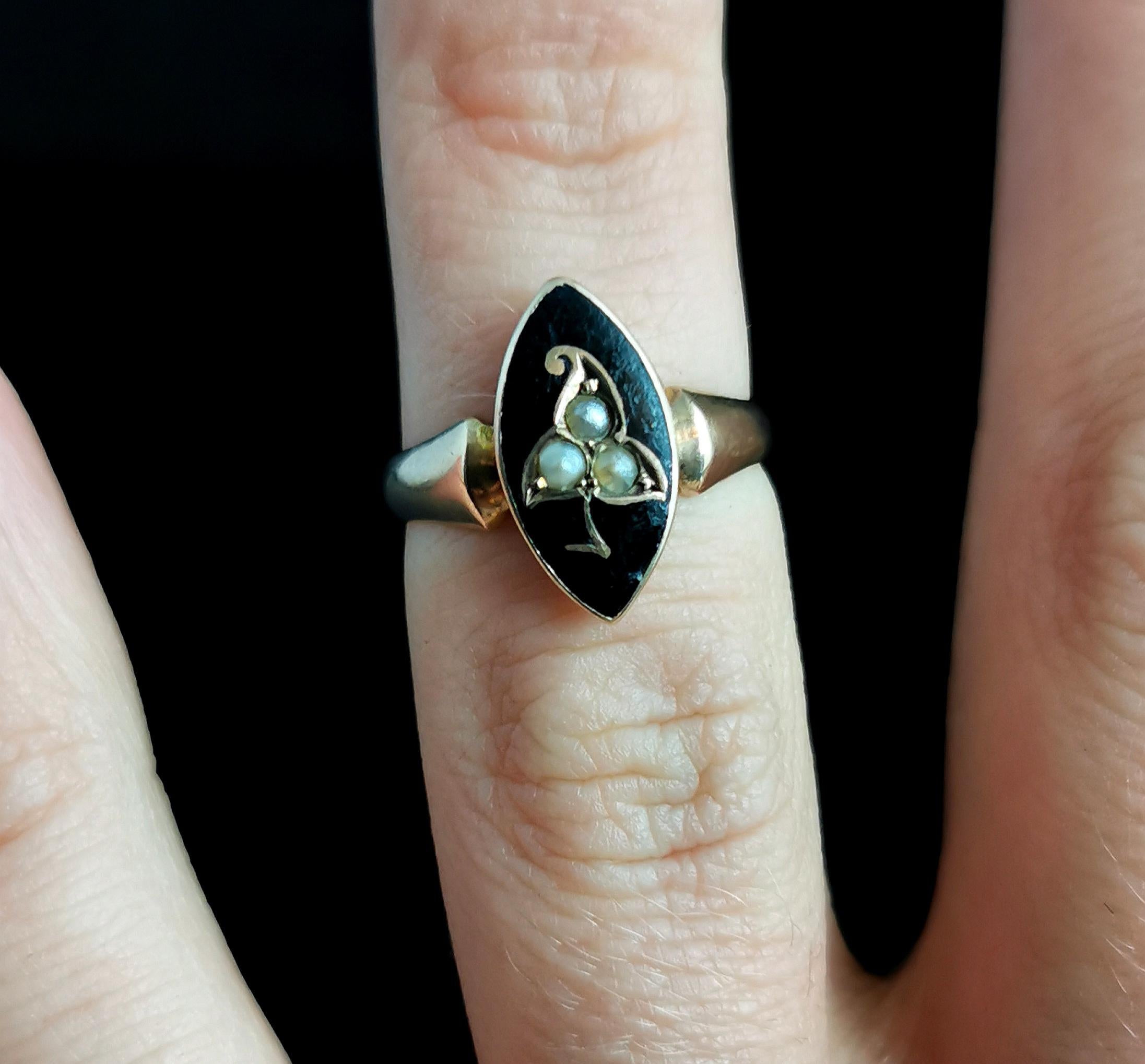 Antique Navette Mourning Ring, Black Enamel and Pearl, Ivy Leaf, 9k Yellow Gold 1