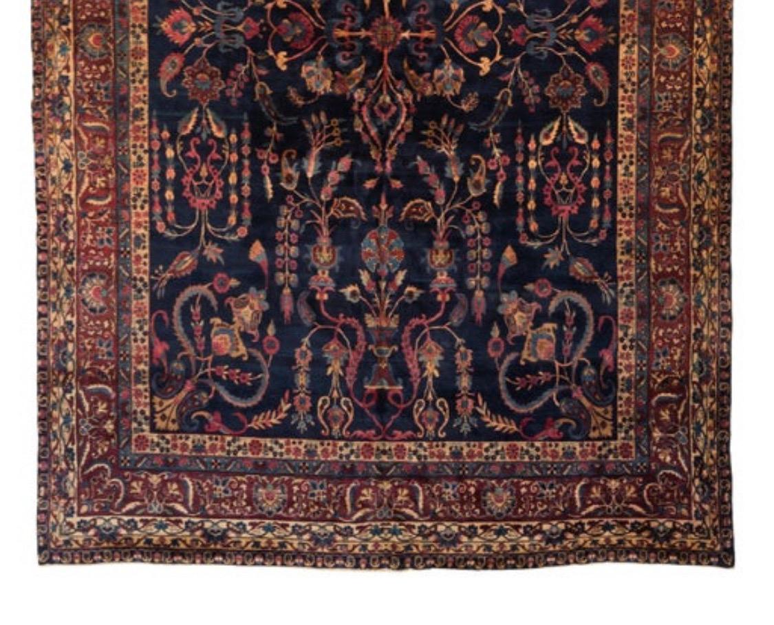 Hand-Knotted Antique Navy Blue and Gold Floral Persian Kirman Rug, circa 1920s-1930s For Sale