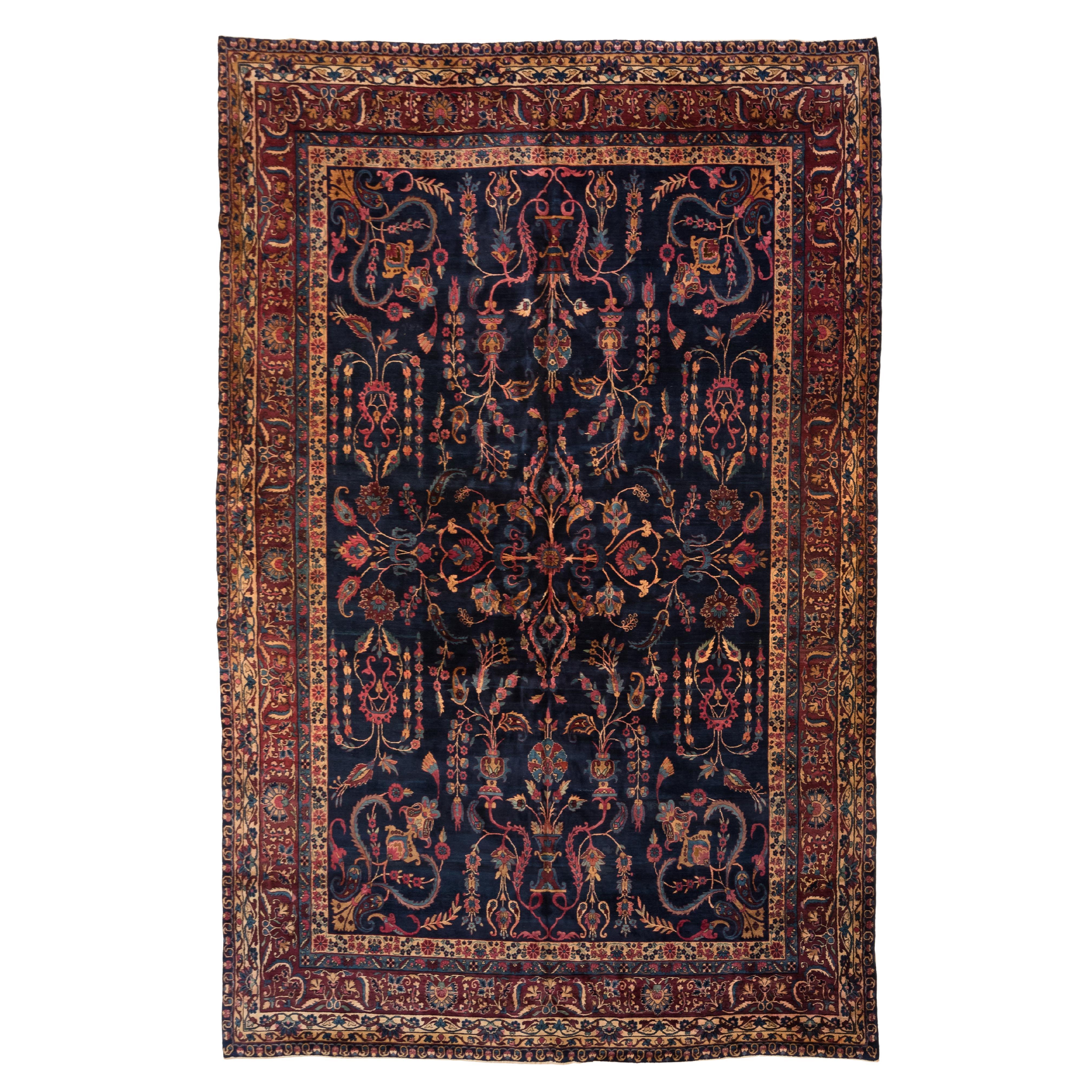 Antique Navy Blue and Gold Floral Persian Kirman Rug, circa 1920s-1930s For Sale