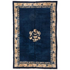 Antique Navy Blue and Gold Floral Peking Chinese Rug with Koi circa 1920-1930s