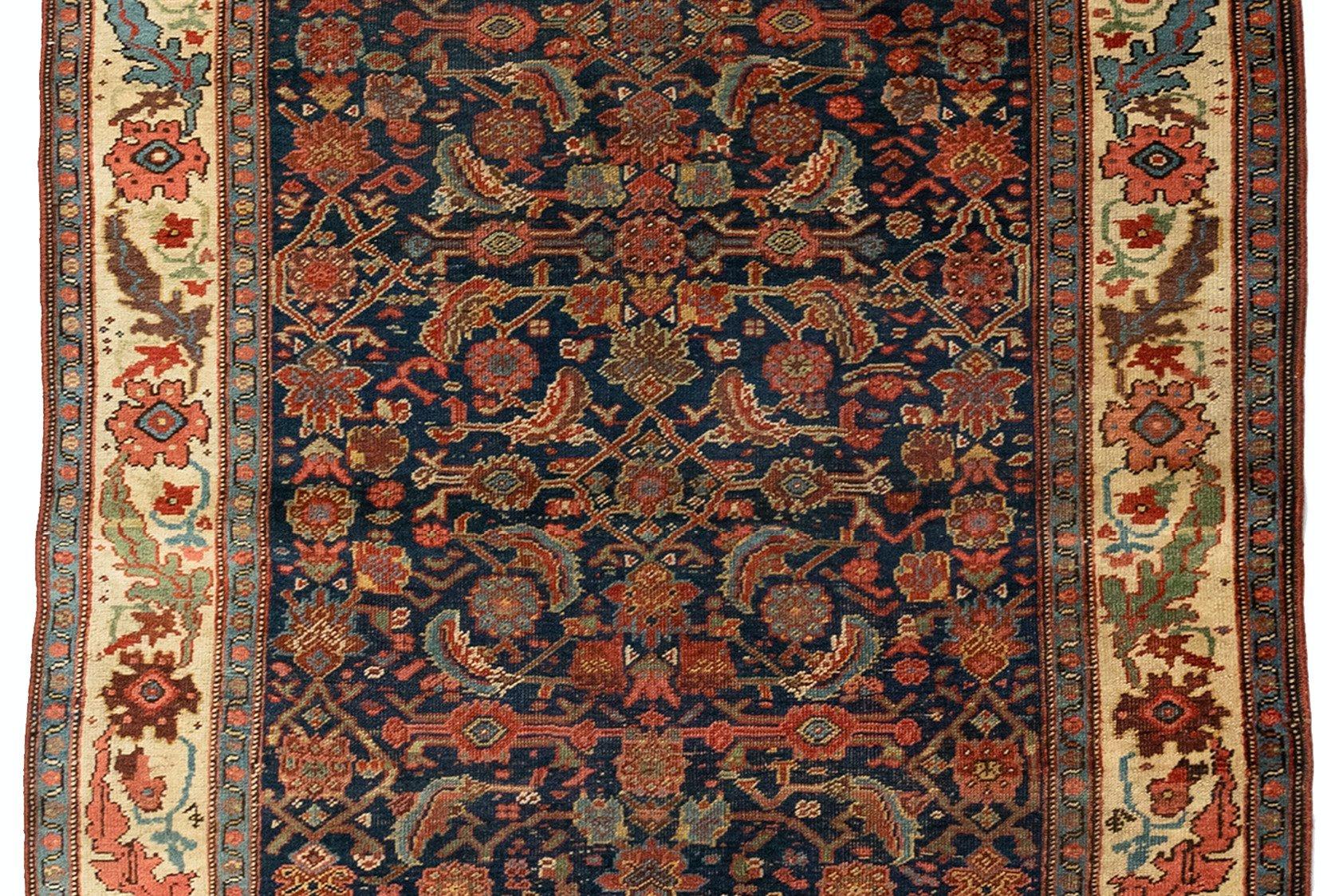 Hand-Knotted Antique Navy Blue and Ivory Tribal Persian Bijar Runner Rug circa 1900 For Sale
