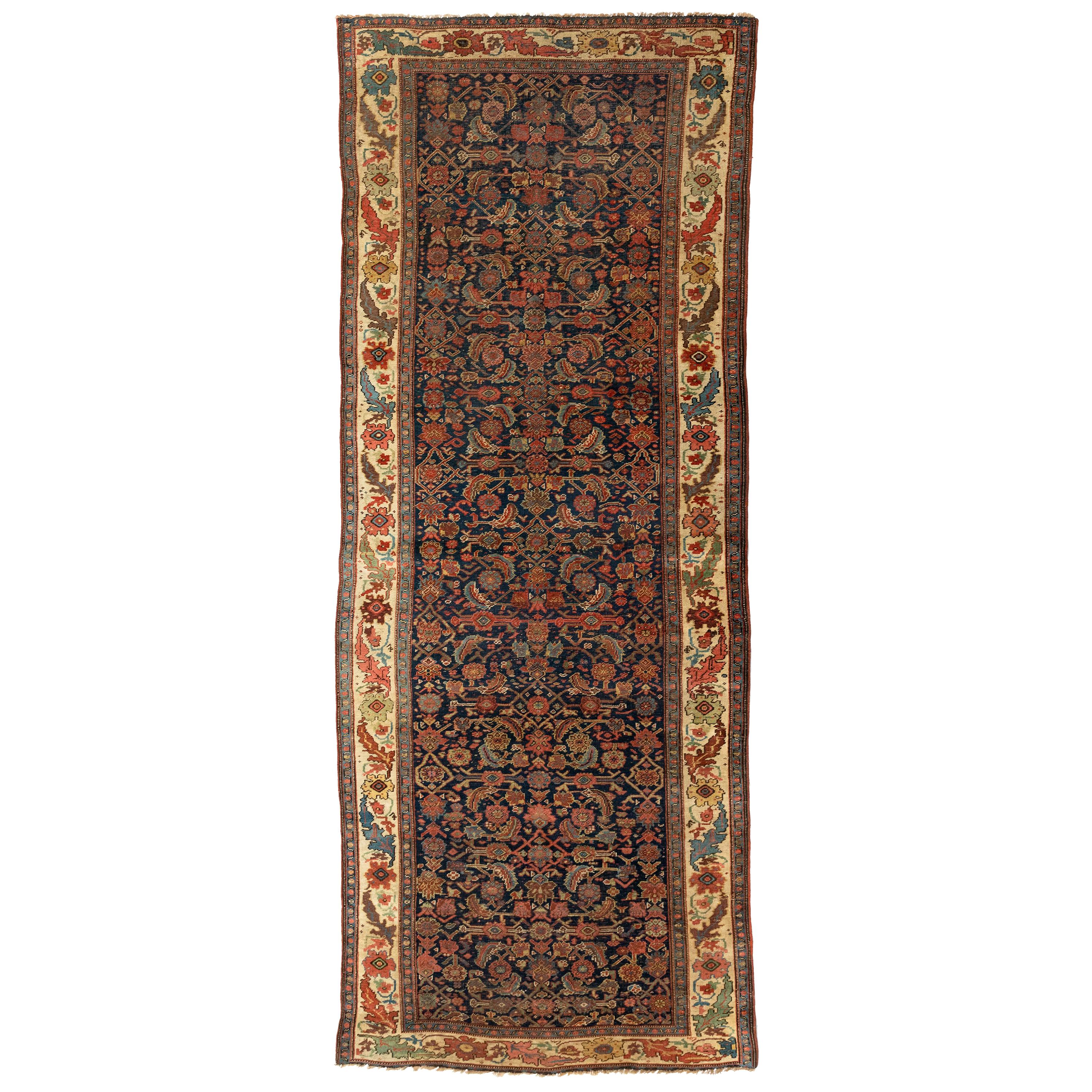 Antique Navy Blue and Ivory Tribal Persian Bijar Runner Rug circa 1900 For Sale