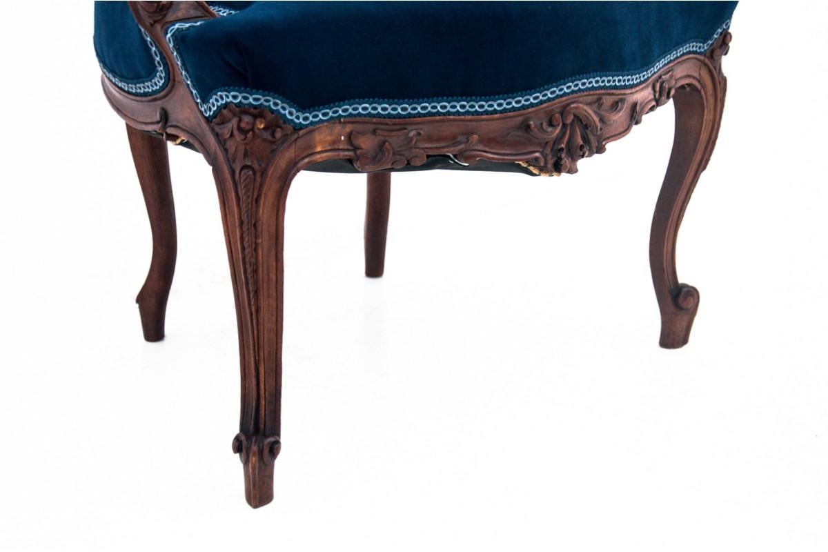 Fauteuil ancien bleu marine, fin du XIXe sicle, aprs rnovation 2