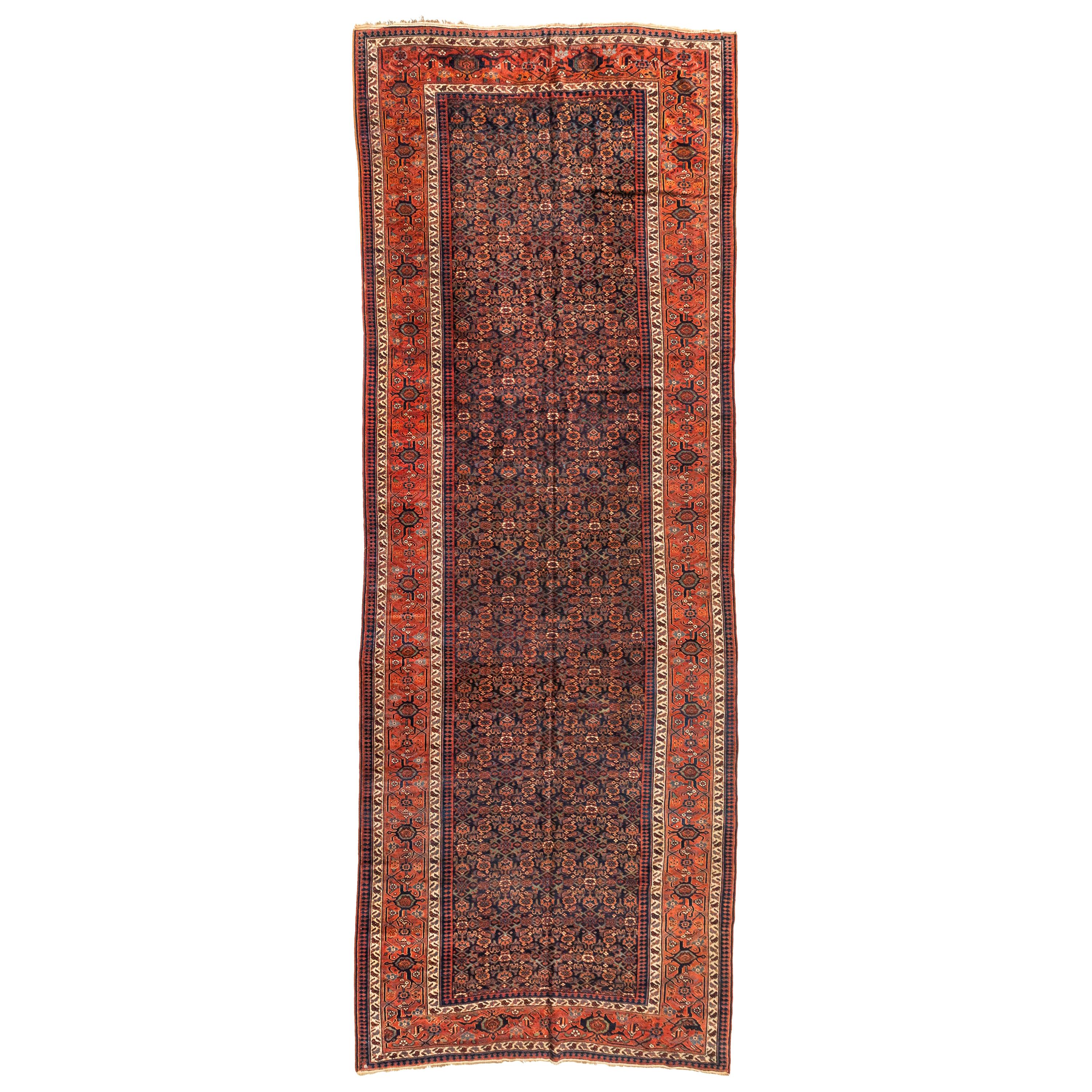 Antique Navy Blue Brown Rust and Gold Geometric Persian Farahan Rug, circa 1930s