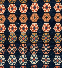 Antique Navy Blue Caucasian Kilim Geometric Rug, circa 1940s