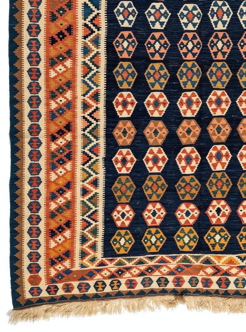 Antique Navy Blue Caucasian Kilim Geometric Rug, circa 1940s In Good Condition In New York, NY