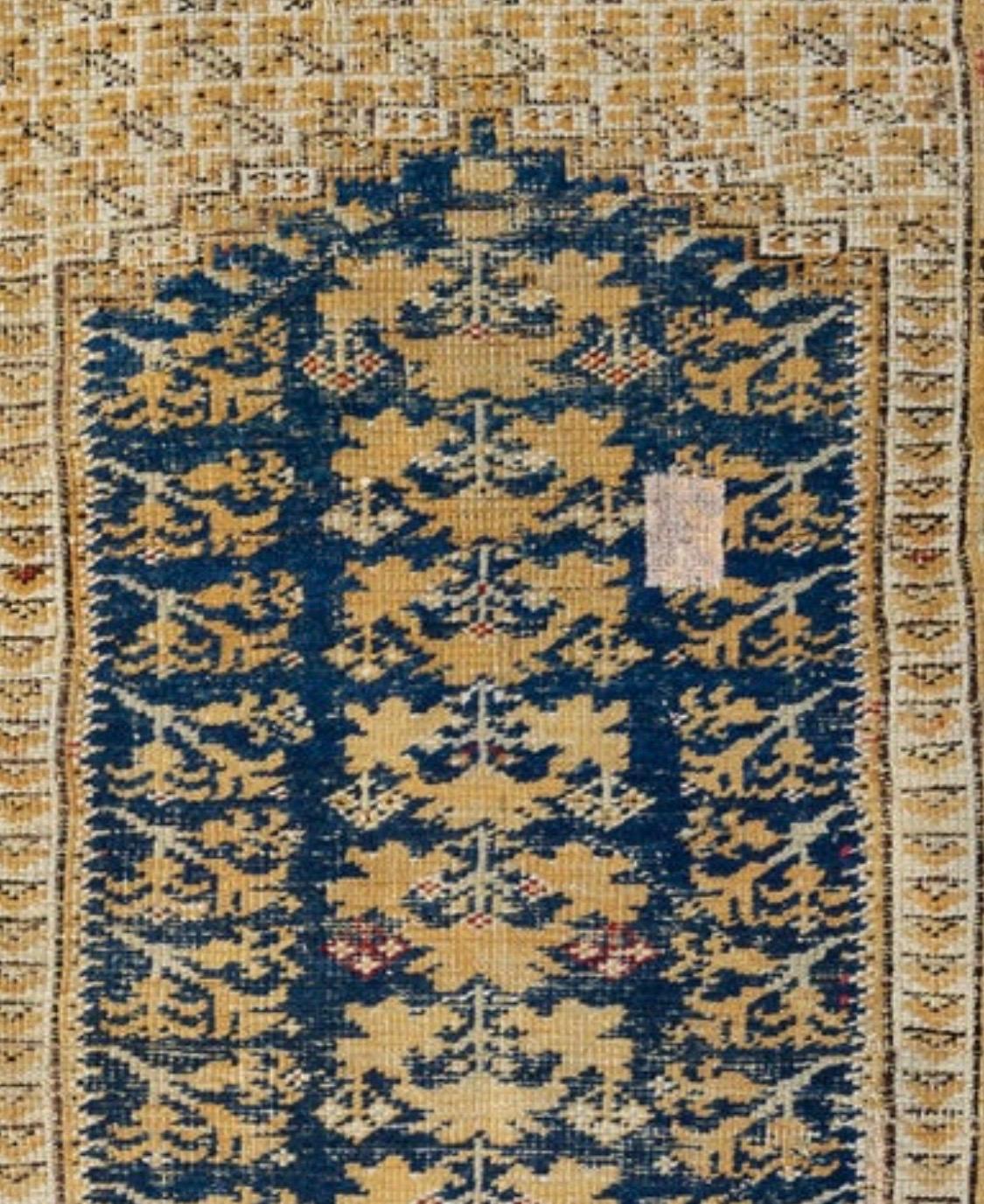 Antique navy blue ivory beige Turkish Kula Area rug, circa 1880s. It measures 3.11 x 5.8 ft.
   