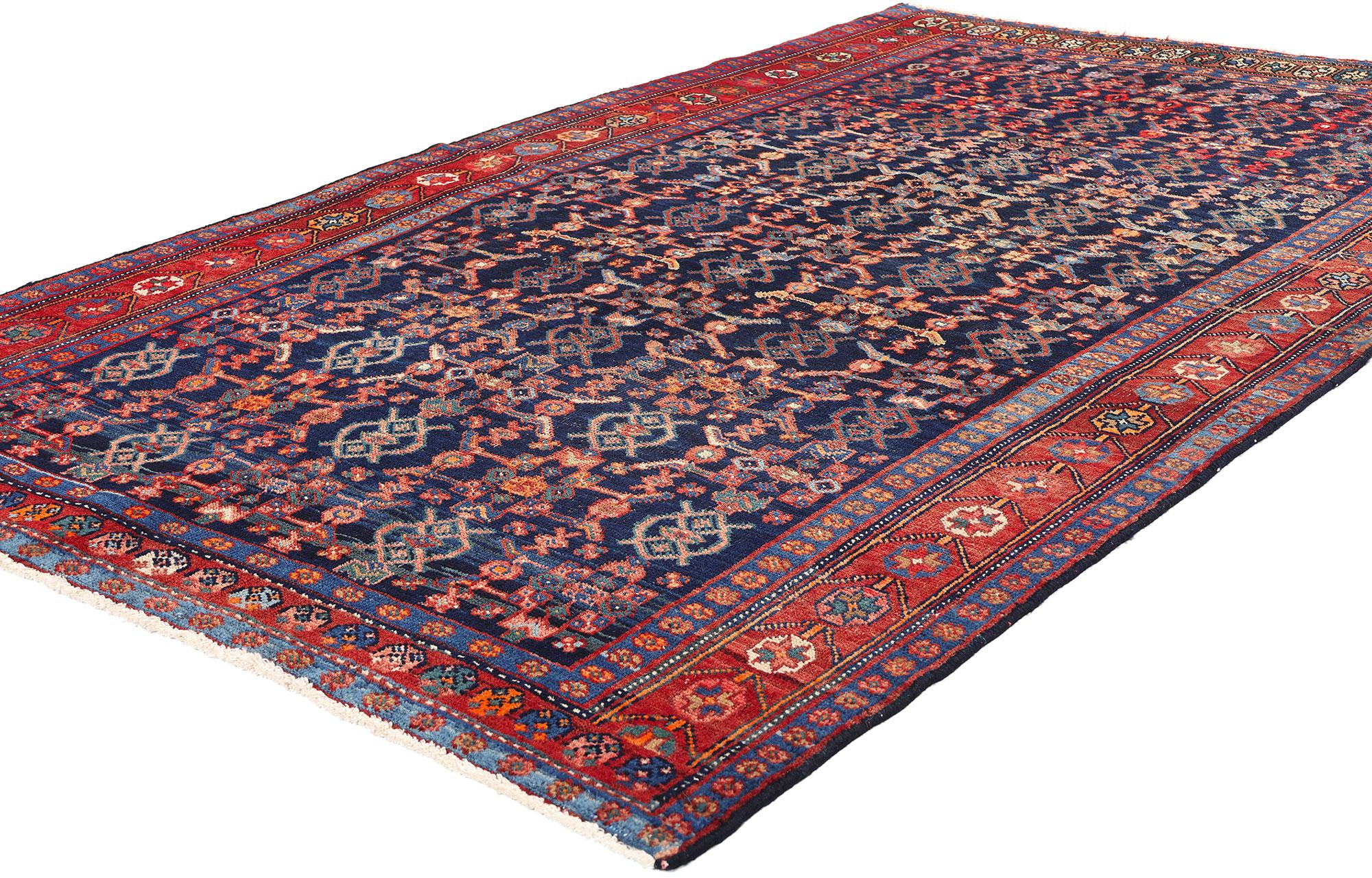 61167 Antique Navy Blue Persian Kurdish Rug, 04'06 x 07'02. Persian Kurdish rugs, originating from Kurdish regions primarily in Iran but also in parts of Iraq, Turkey, and Syria, are esteemed for their quality, craftsmanship, and unique designs.