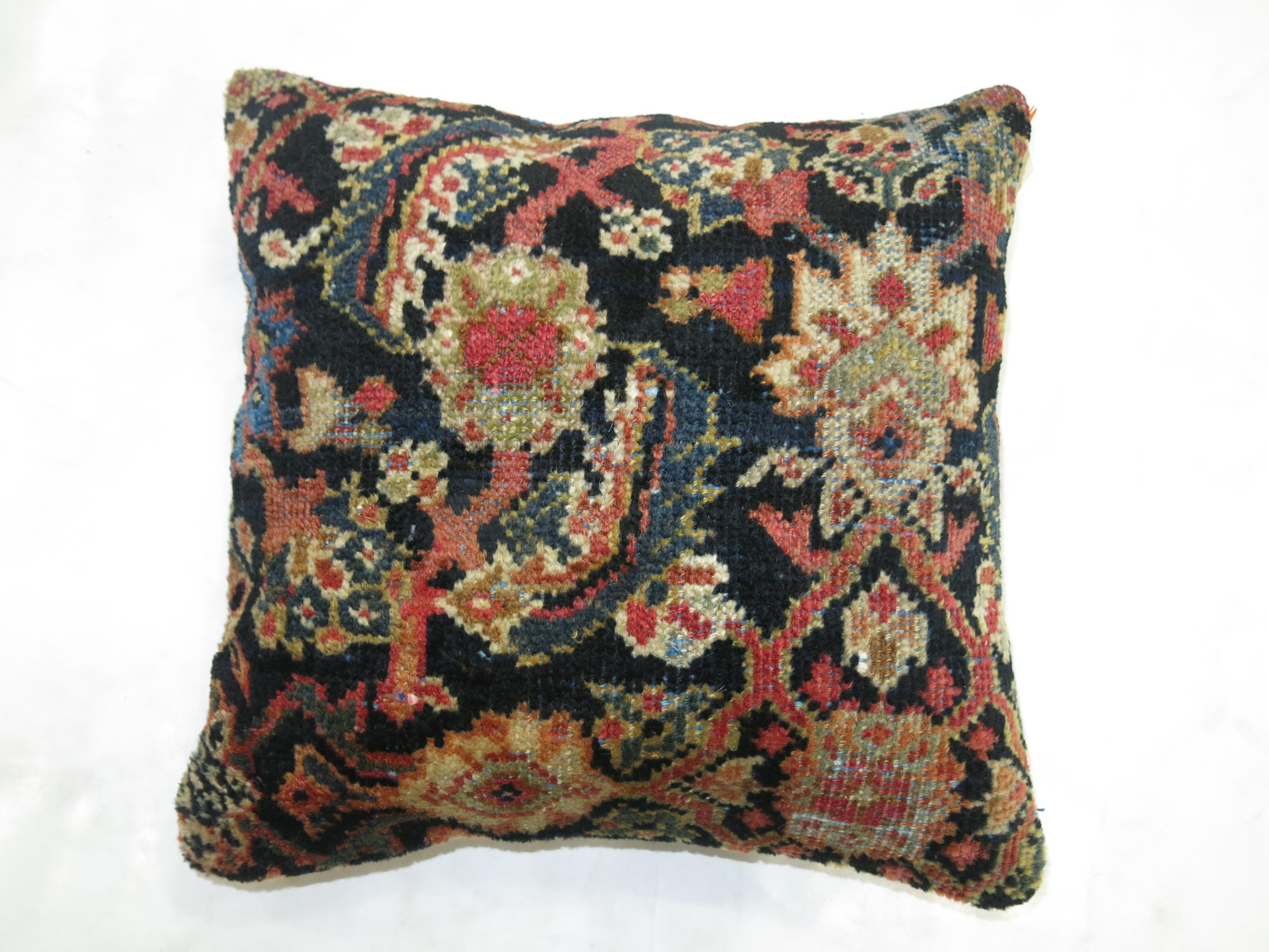 Rustic Antique Navy Blue Persian Rug Pillow For Sale