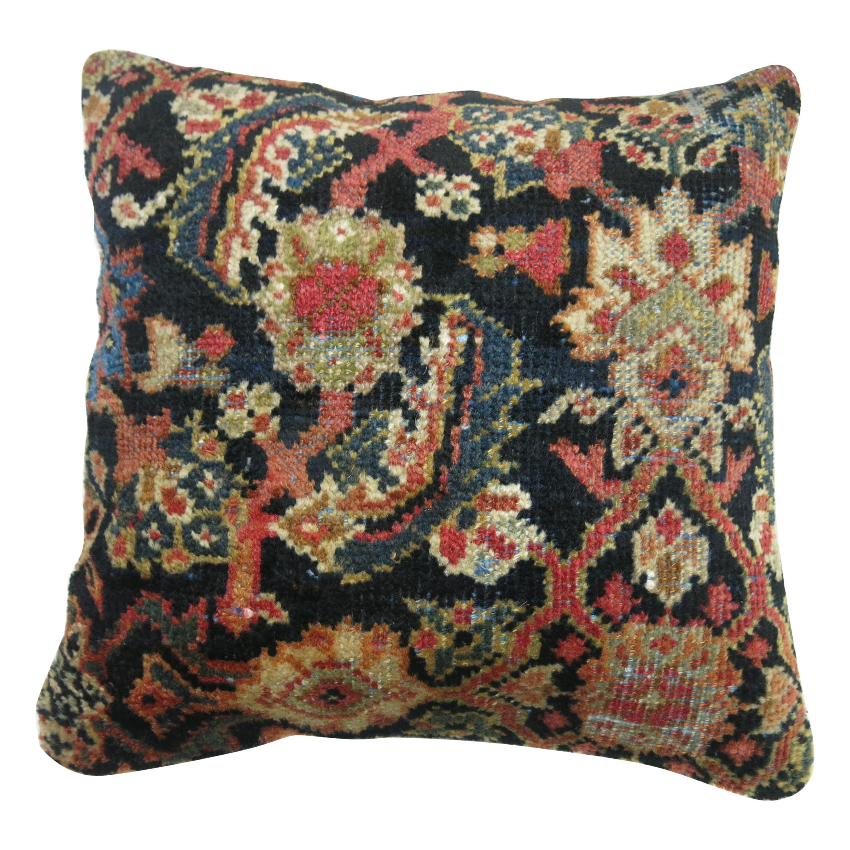 Antique Navy Blue Persian Rug Pillow For Sale