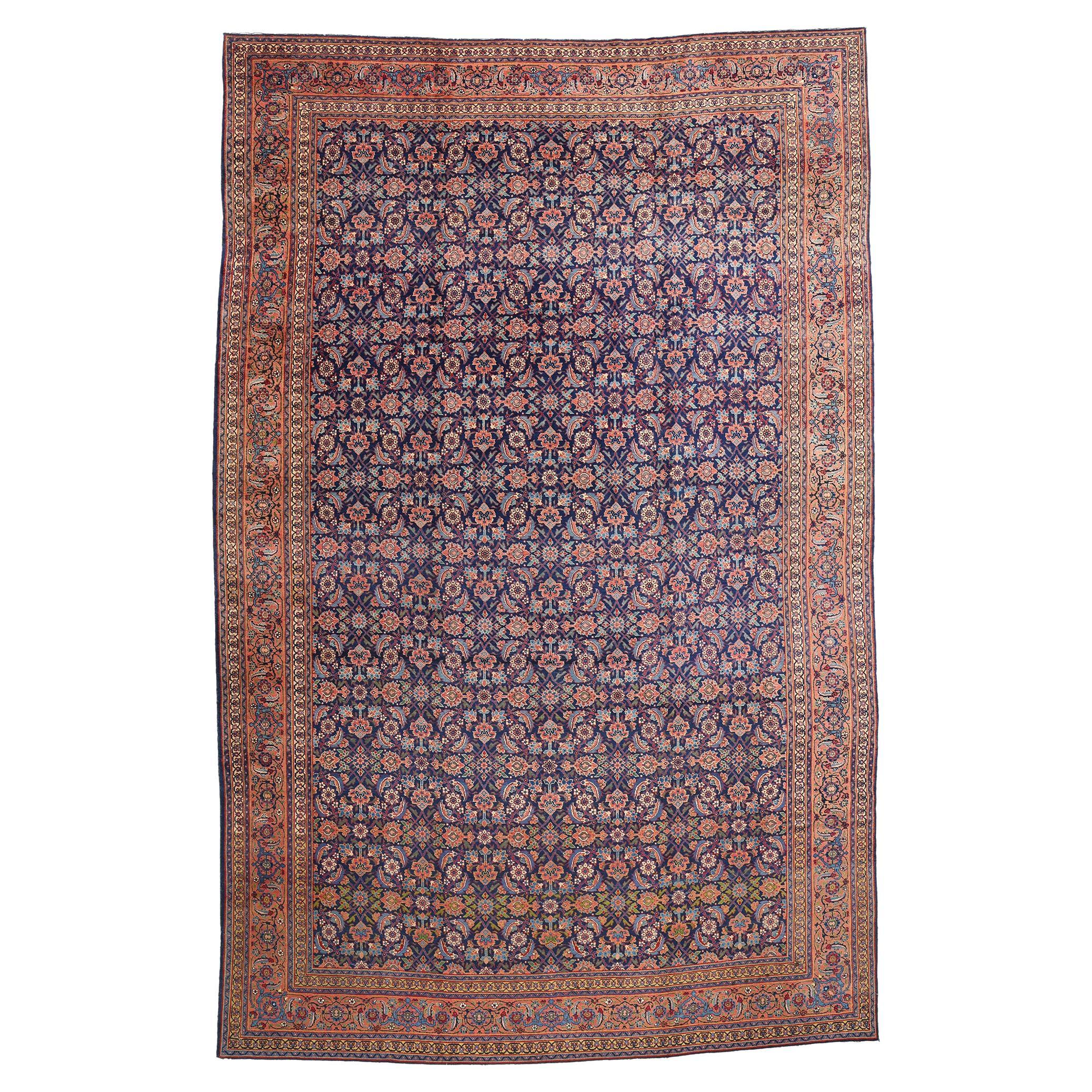 Antiker marineblauer persischer Täbris-Teppich aus Täbris, 10'11 x 17'00