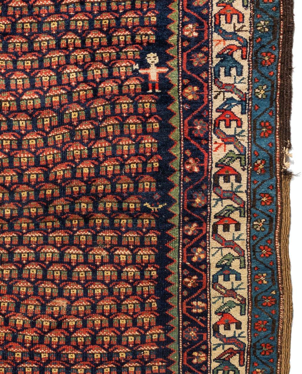 Antique Navy Blue Red Tribal Caucasian Karabagh Small Area Rug Dated 1909 In Good Condition For Sale In New York, NY