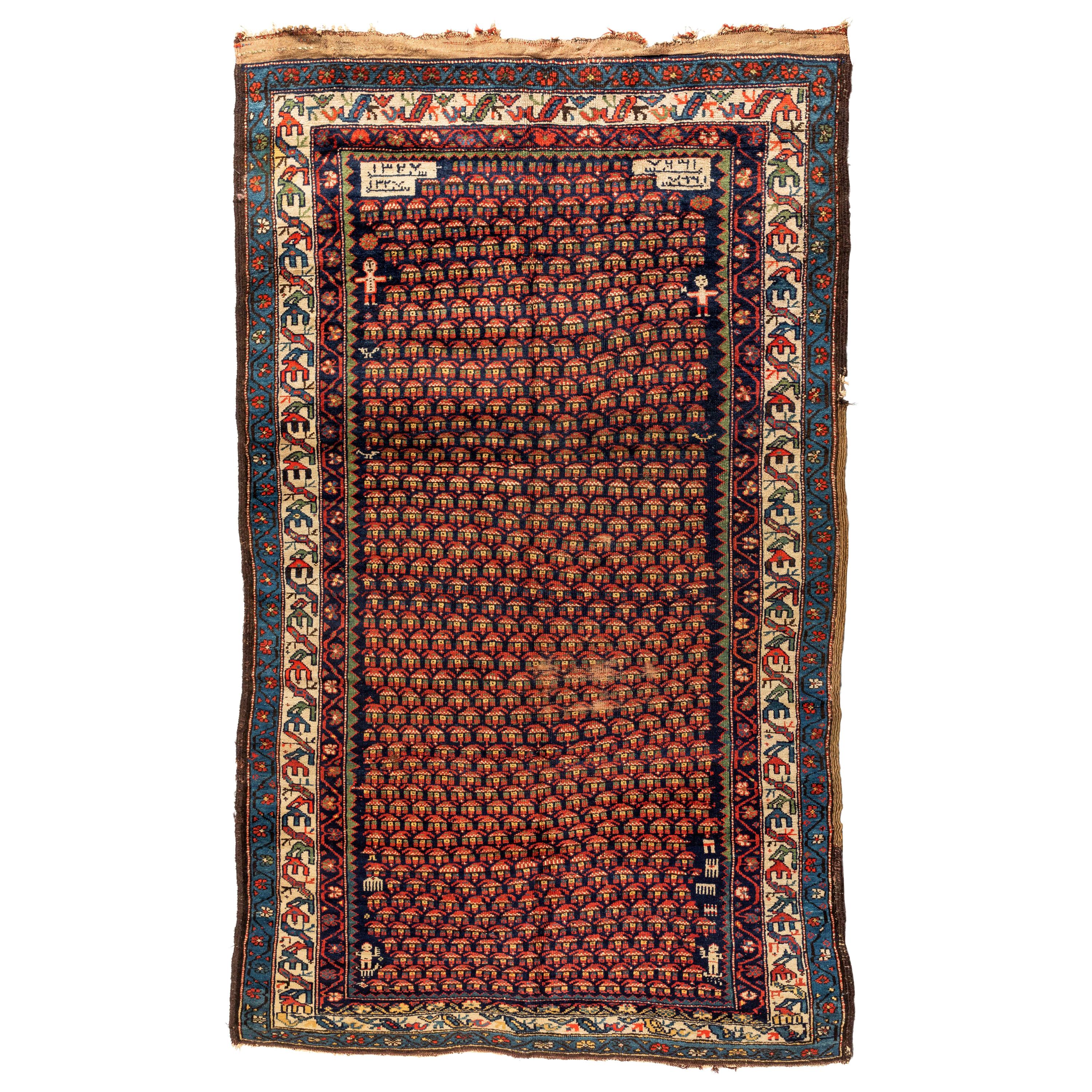 Antique Navy Blue Red Tribal Caucasian Karabagh Small Area Rug Dated 1909 For Sale