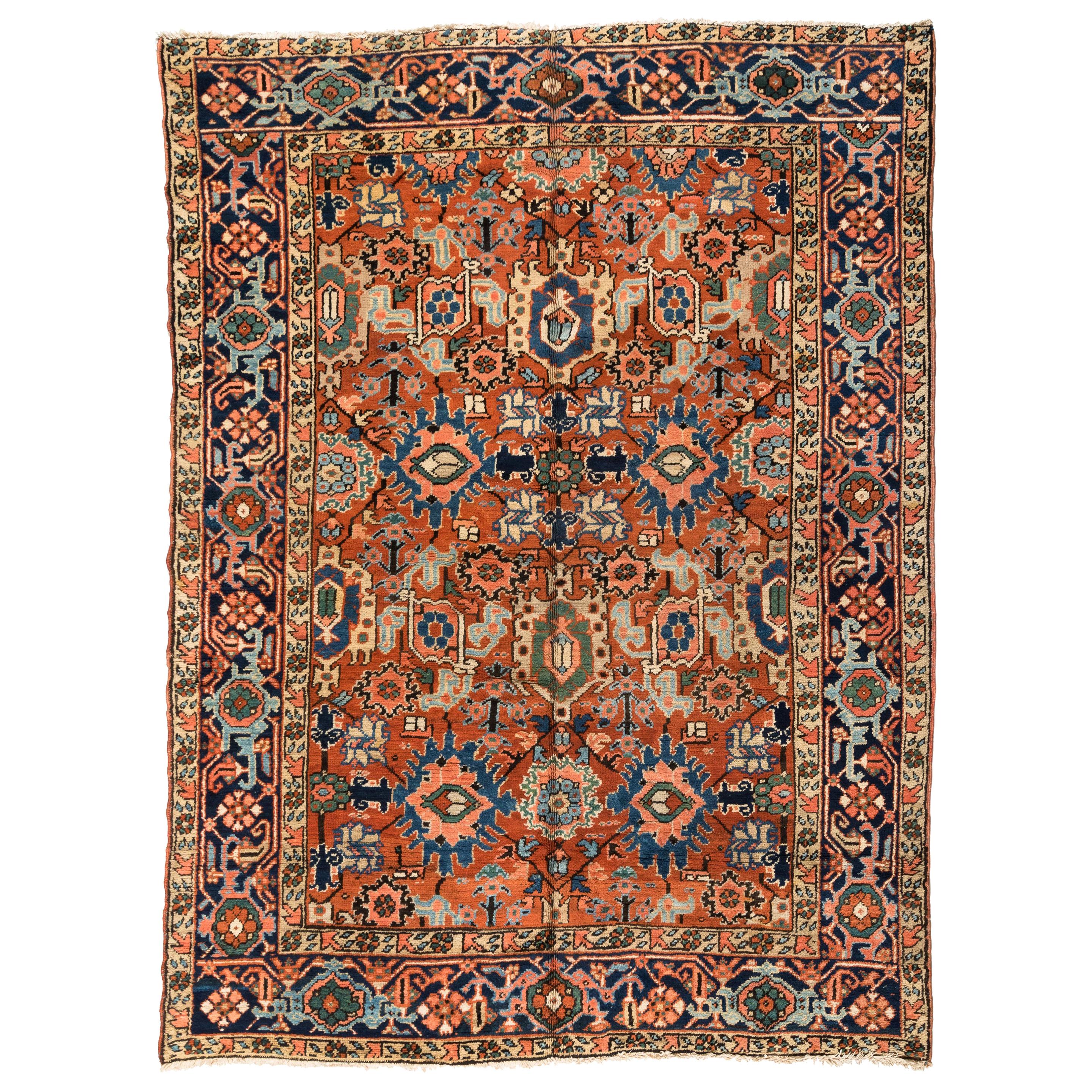Antique Navy Blue Rust and Brown Green Persian Heriz Rug  8.2 x 10.6 ft For Sale