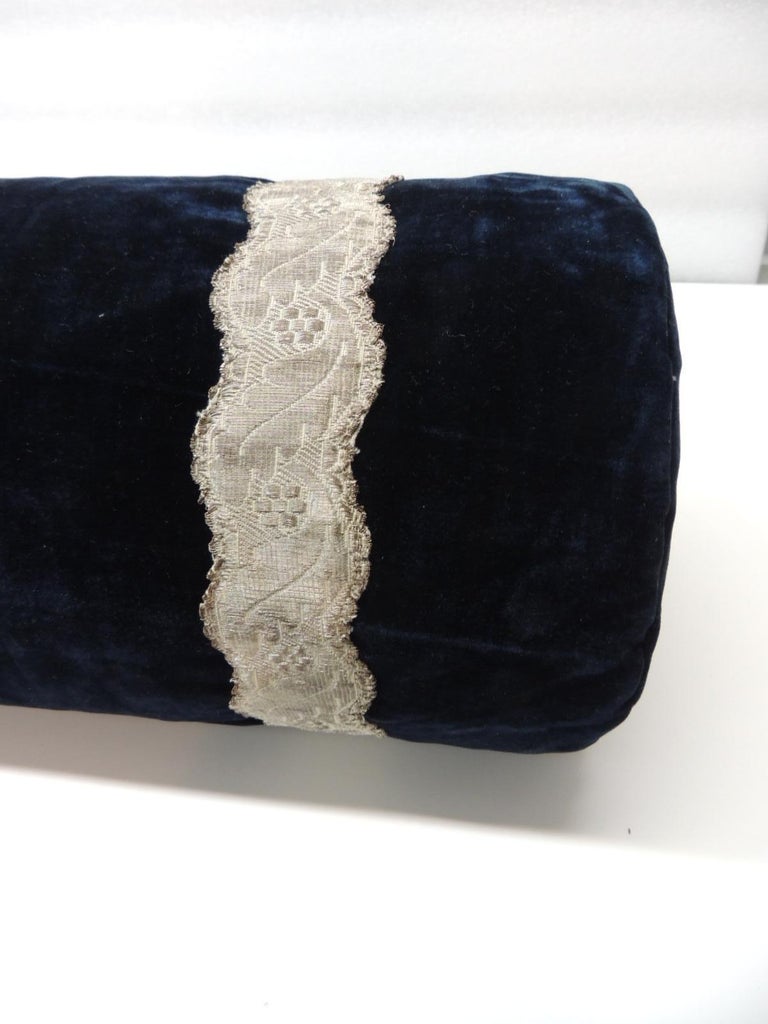 Antique Navy Blue Silk Velvet Round Bolster with Silver Scalloped Edges