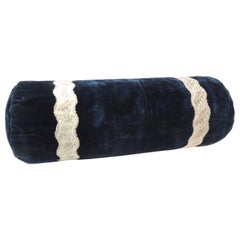 Antique Navy Blue Silk Velvet Round Bolster with Silver Scalloped Edges Trims