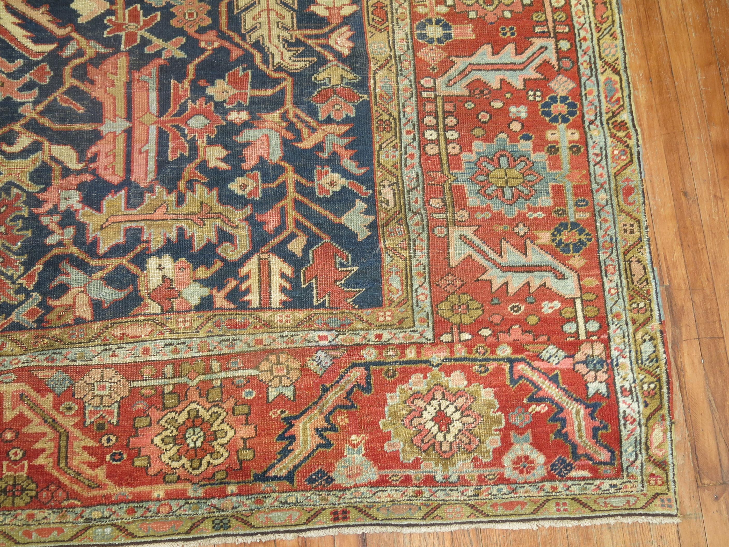 Antique Navy Field Persian Heriz Rug In Good Condition In New York, NY