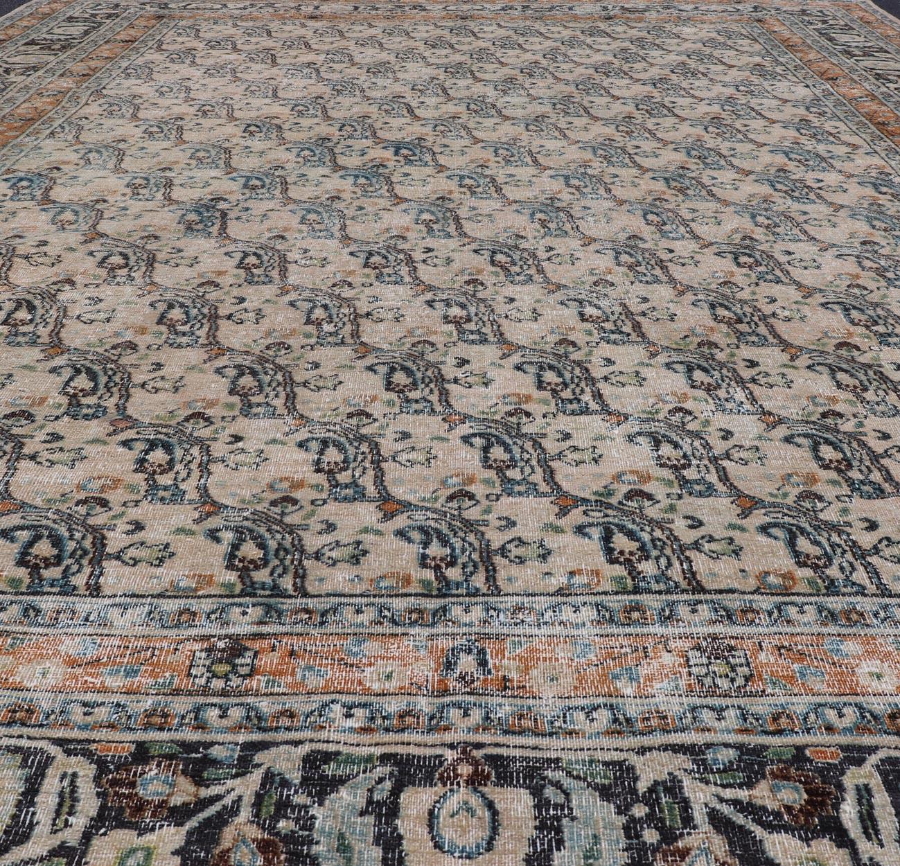 Hand-Knotted Antique N.E Persian Khorasan Rug In Diagonal Paisley Design with Gray & Sand For Sale