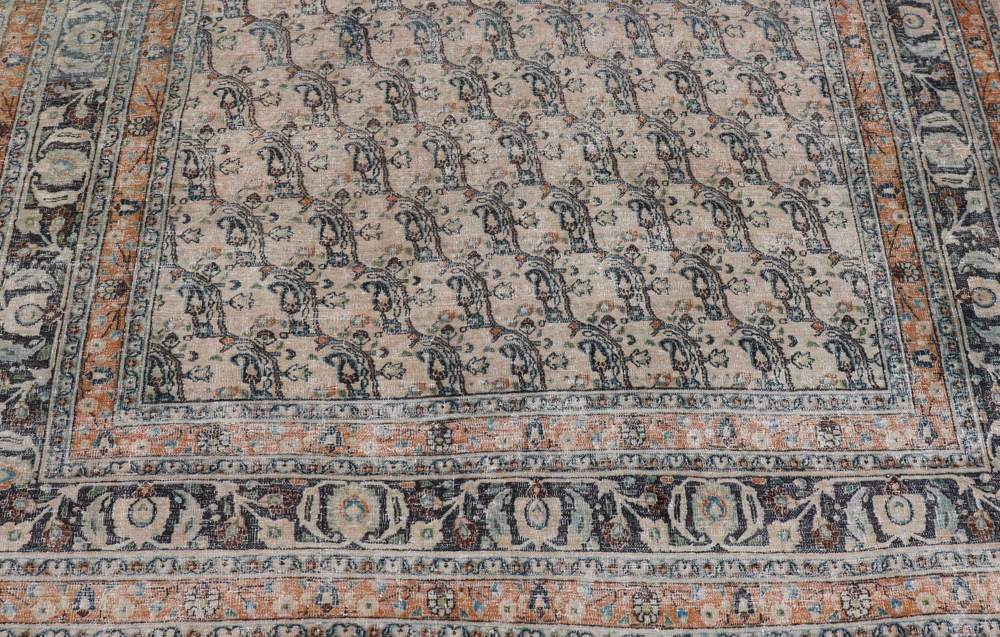 Antique N.E Persian Khorasan Rug In Diagonal Paisley Design with Gray & Sand For Sale 1
