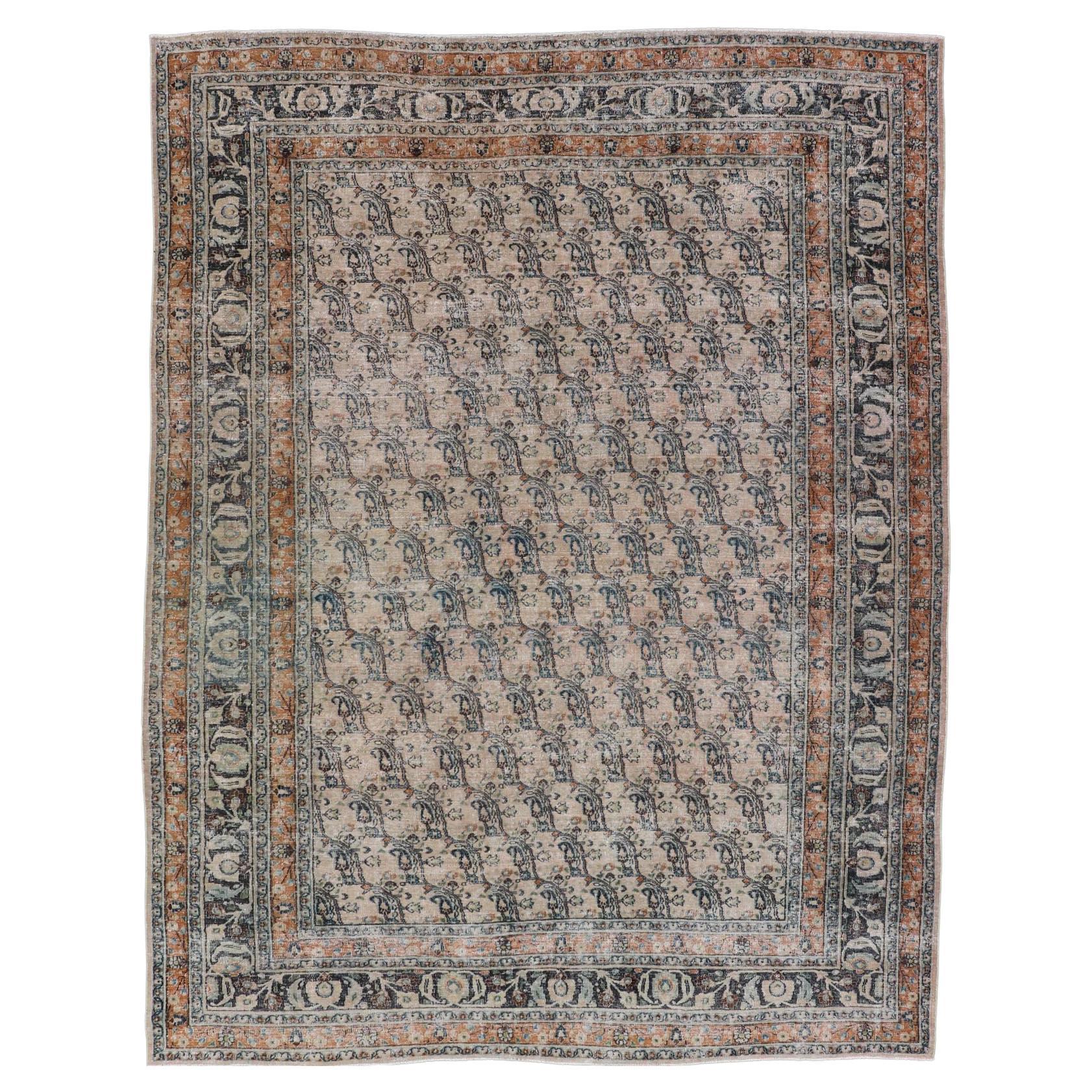 Antique N.E Persian Khorasan Rug In Diagonal Paisley Design with Gray & Sand For Sale