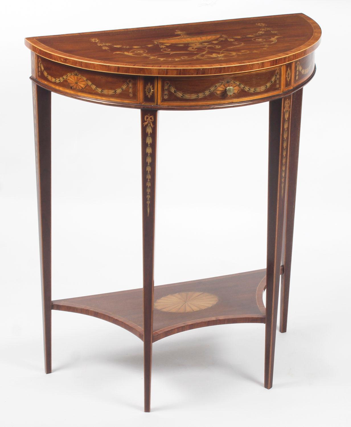 Antique Near Pair Demilune Mahogany & Marquetry Console Tables, 19th Century 4