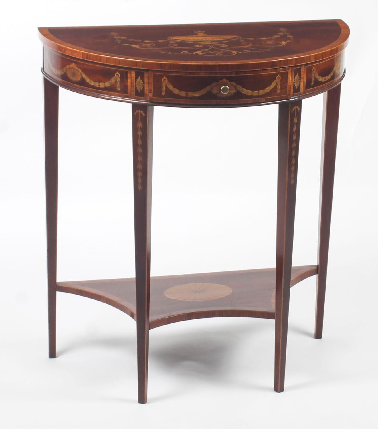 Antique Near Pair Demilune Mahogany & Marquetry Console Tables, 19th Century 8