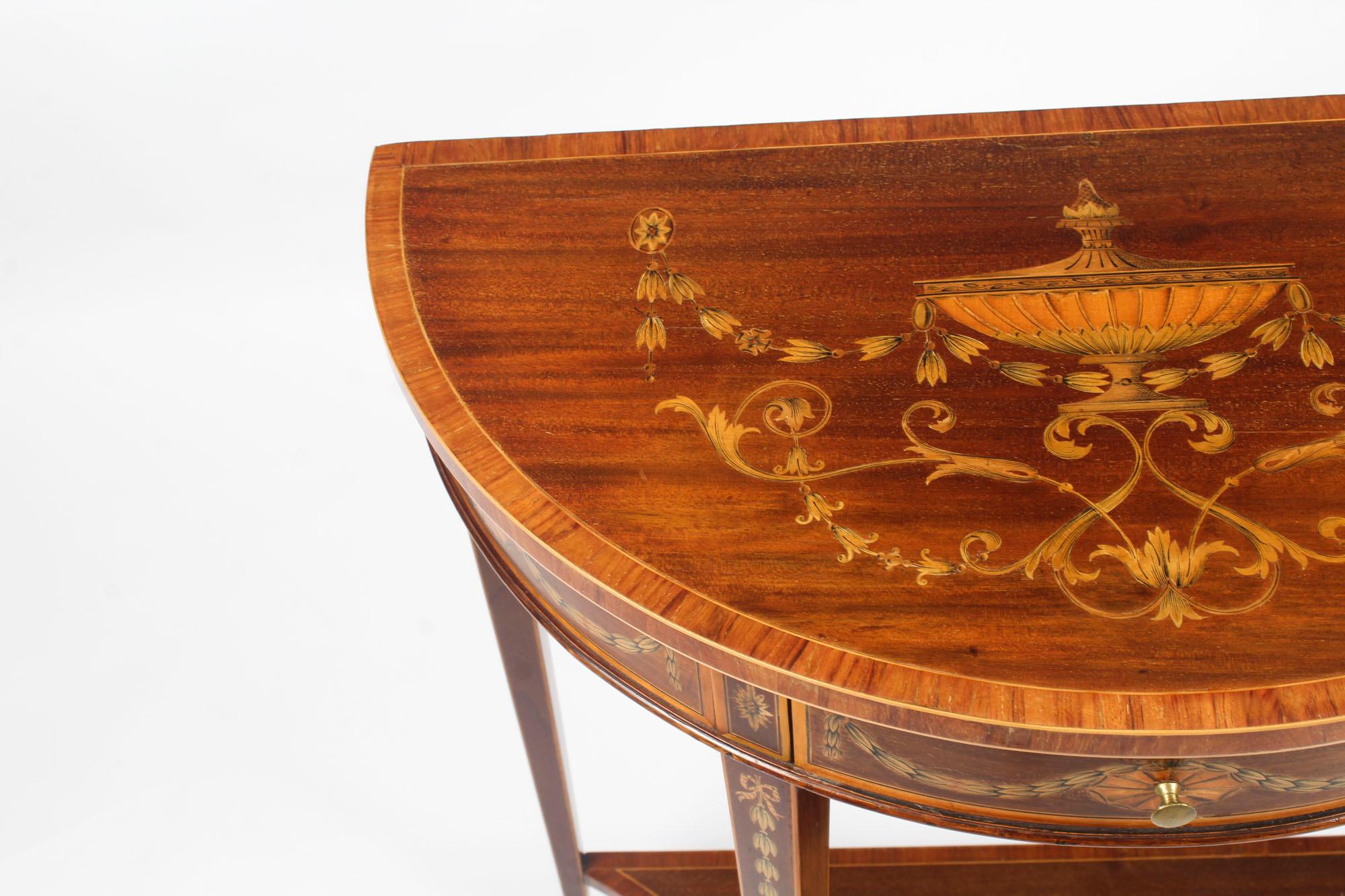 English Antique Near Pair Demilune Mahogany & Marquetry Console Tables, 19th Century