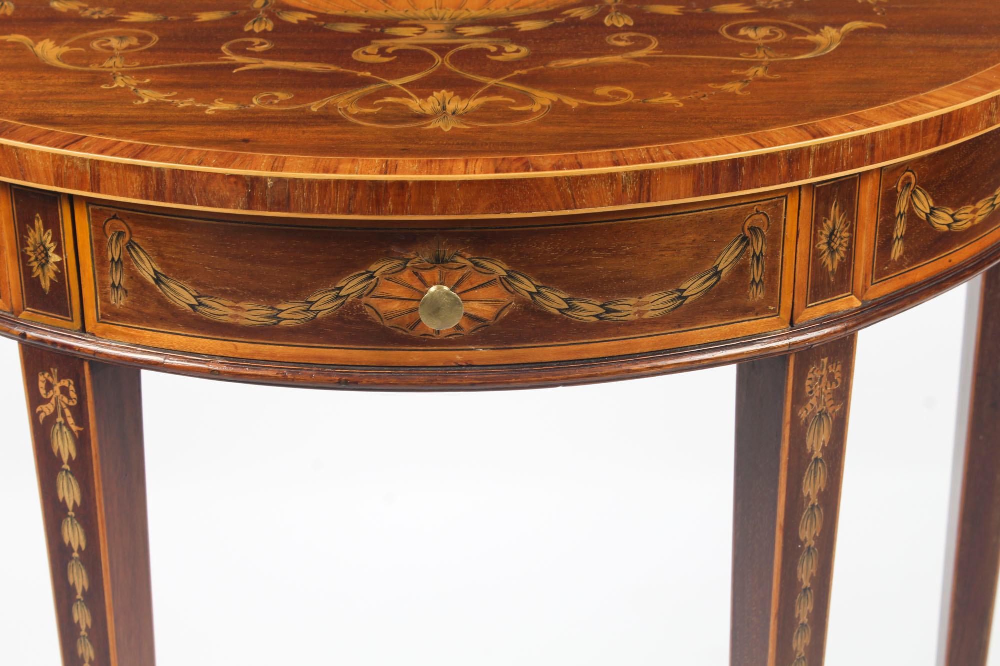 Late 19th Century Antique Near Pair Demilune Mahogany & Marquetry Console Tables, 19th Century