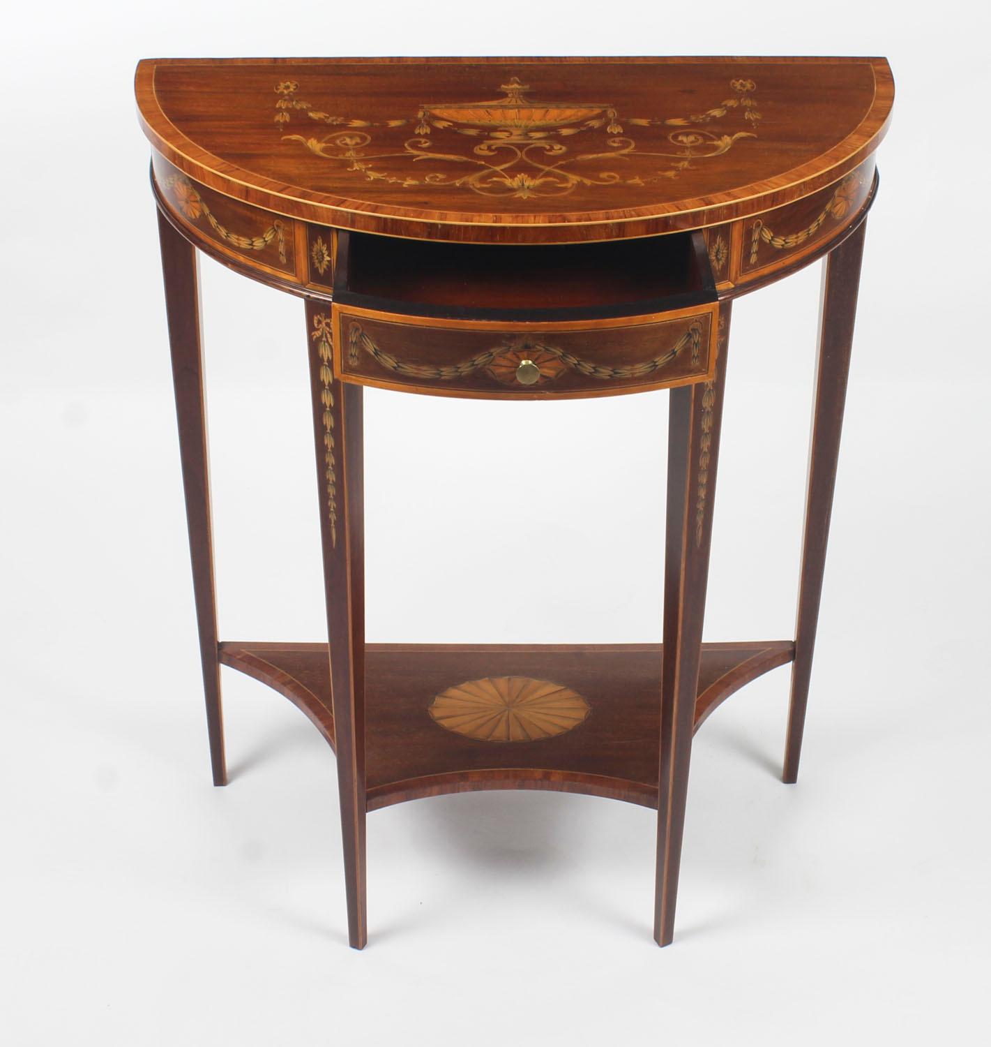 Antique Near Pair Demilune Mahogany & Marquetry Console Tables, 19th Century 3