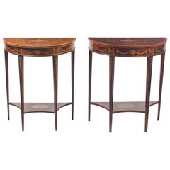 Antique Near Pair Demilune Mahogany & Marquetry Console Tables, 19th Century