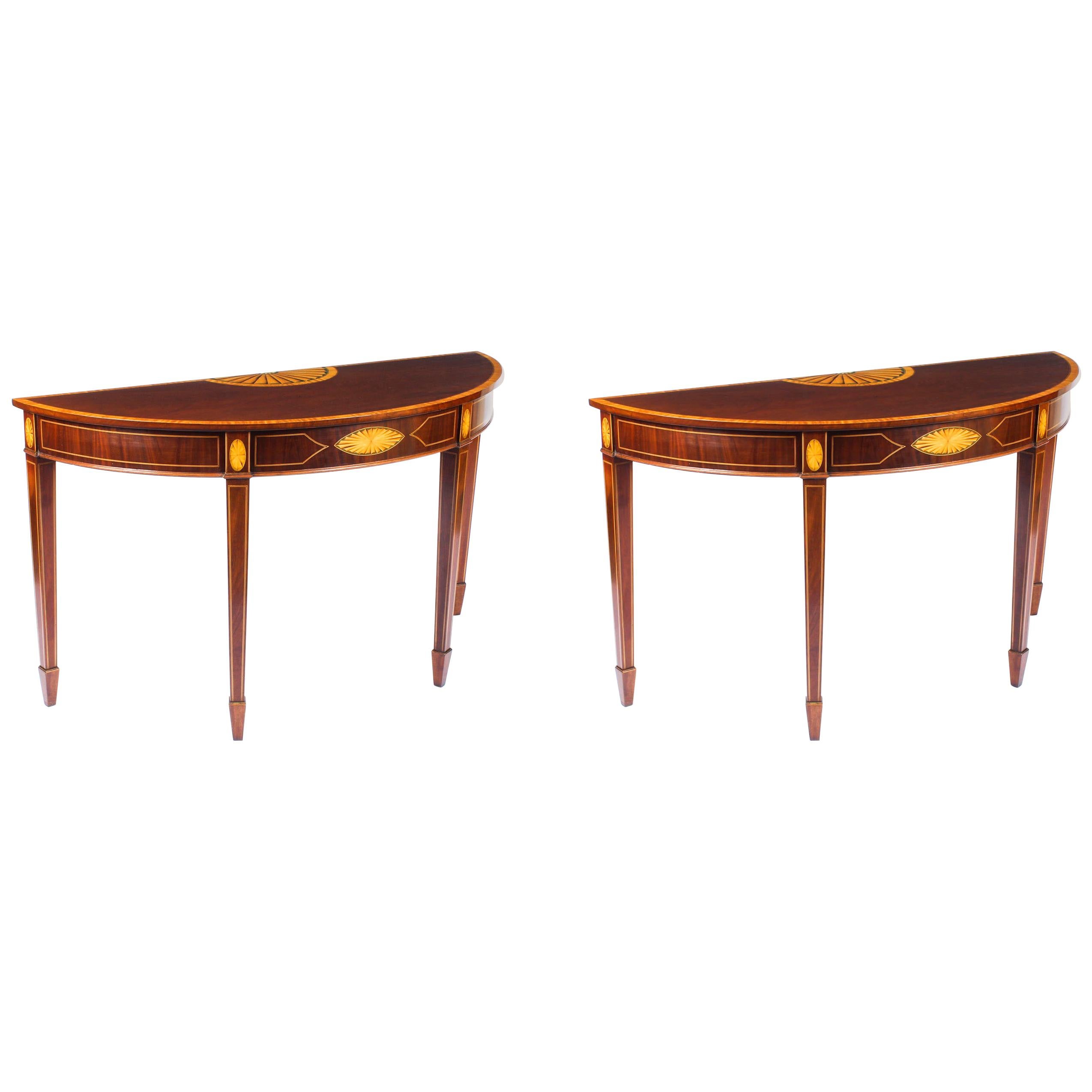 Antique Near Pair of Mahogany and Satinwood Inlaid Side Console Tables