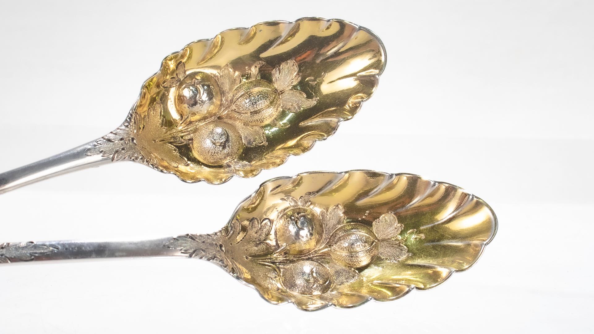 Antique Near Pair of Georgian Sterling Silver Gilt Decorated Berry Spoons For Sale 9