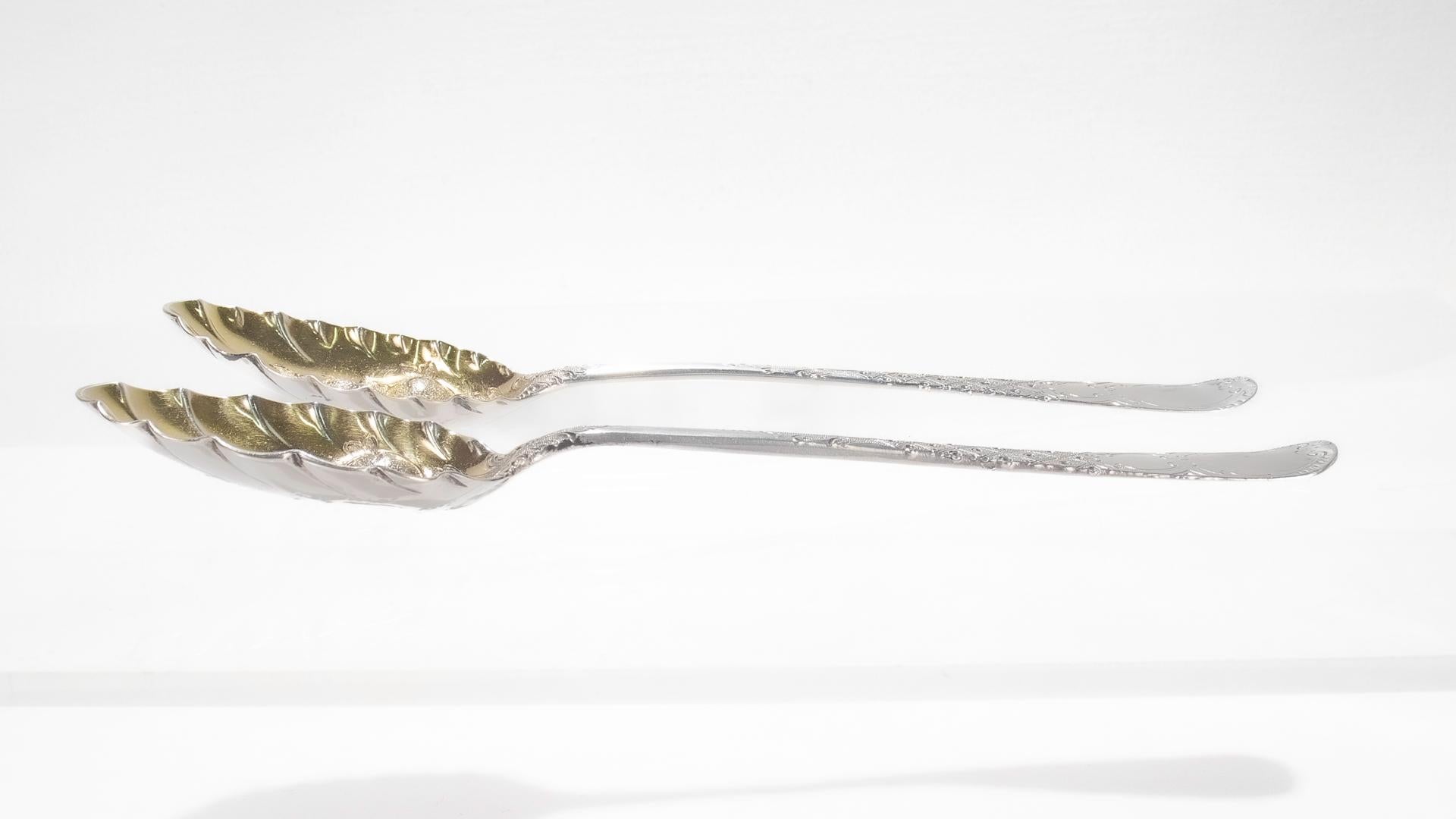 Women's or Men's Antique Near Pair of Georgian Sterling Silver Gilt Decorated Berry Spoons For Sale