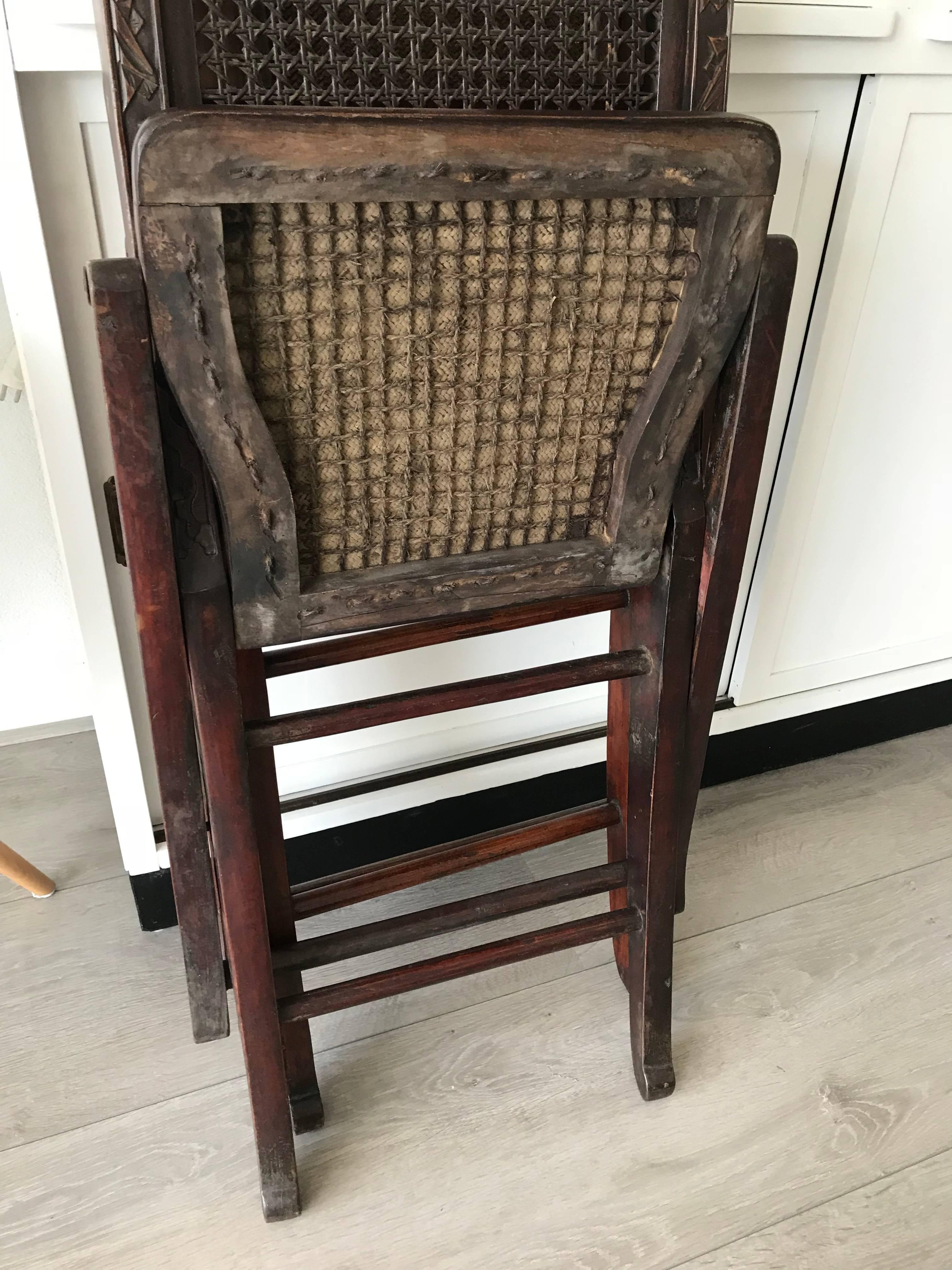 Cane Antique Near Pair of Handcrafted, Chinese Folding Traveller’s Chairs W. Webbing For Sale