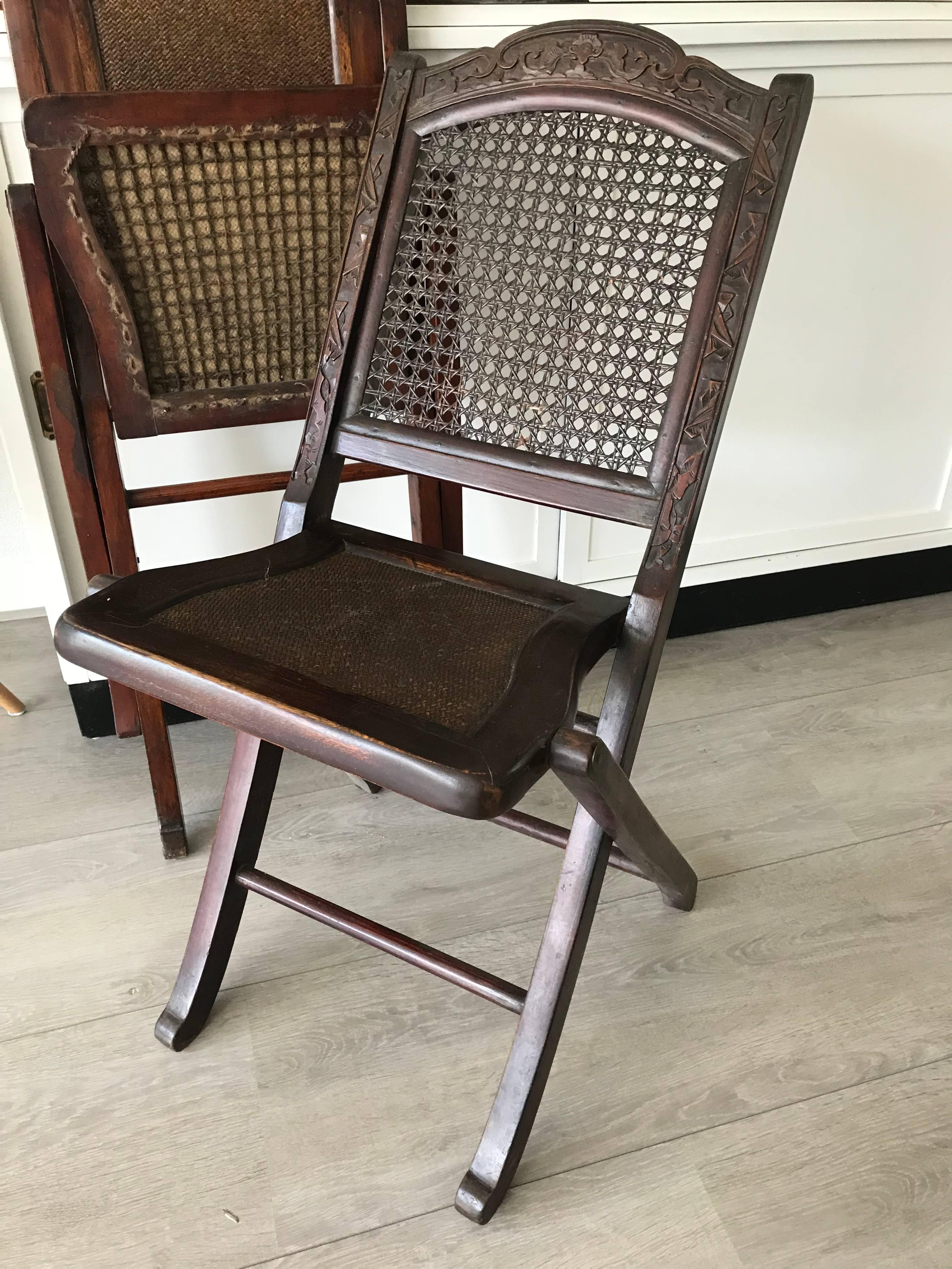 Two very stylish and highly decorative Asian chairs.

These all-handcrafted early 20th century Chinese folding chairs are a rare find. The wonderful designs and patina make them an absolute joy to own and look at. Both these chairs come with an