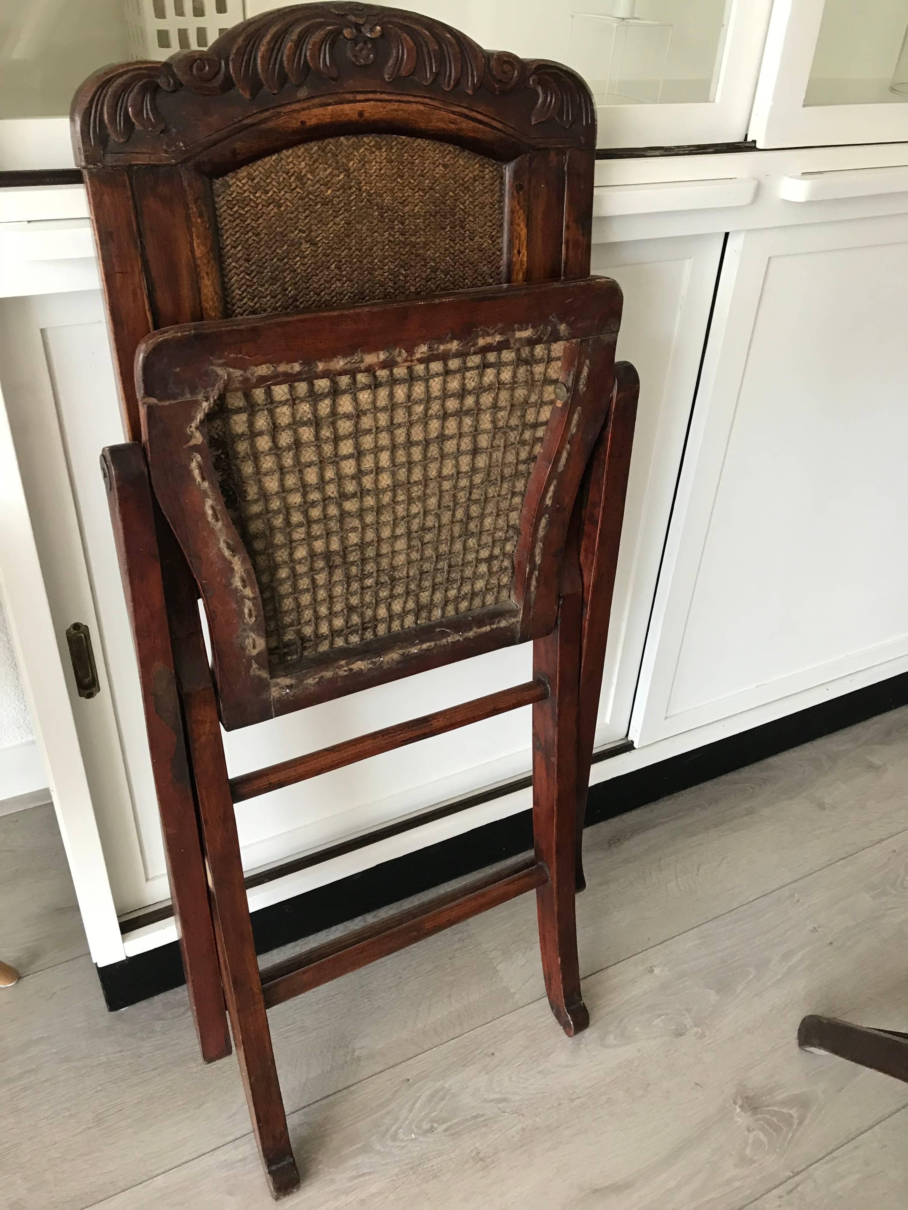 Hand-Carved Antique Near Pair of Handcrafted, Chinese Folding Traveller’s Chairs W. Webbing For Sale